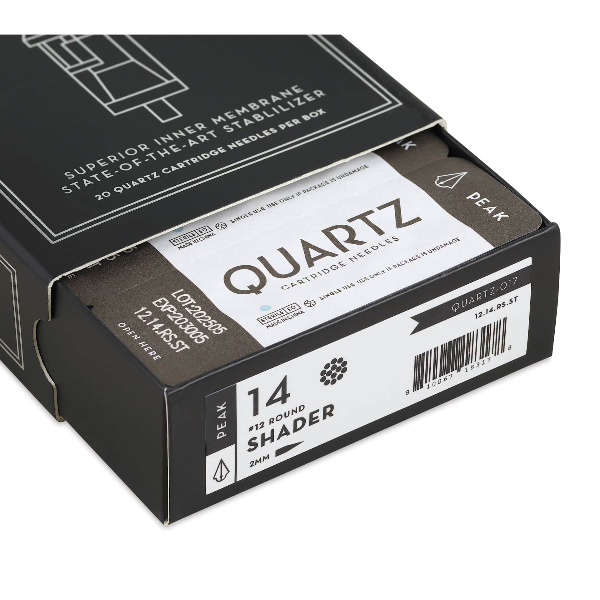 Peak Quartz Round Shader Short Taper Tattoo Needle Cartridges - #12, 14 Needles, Pkg of 20, open packaging