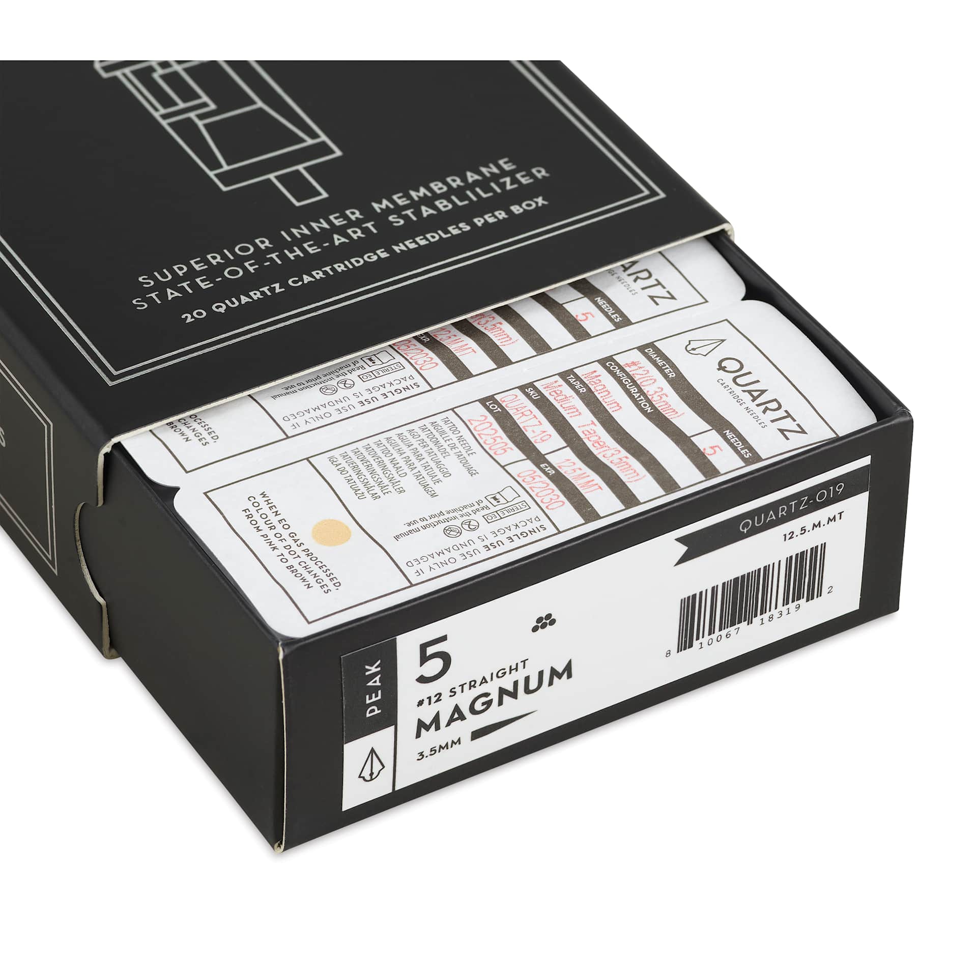 Peak Quartz Magnum Medium Taper Tattoo Needle Cartridges - #12, 5 Needles, Pkg of 20, open packaging