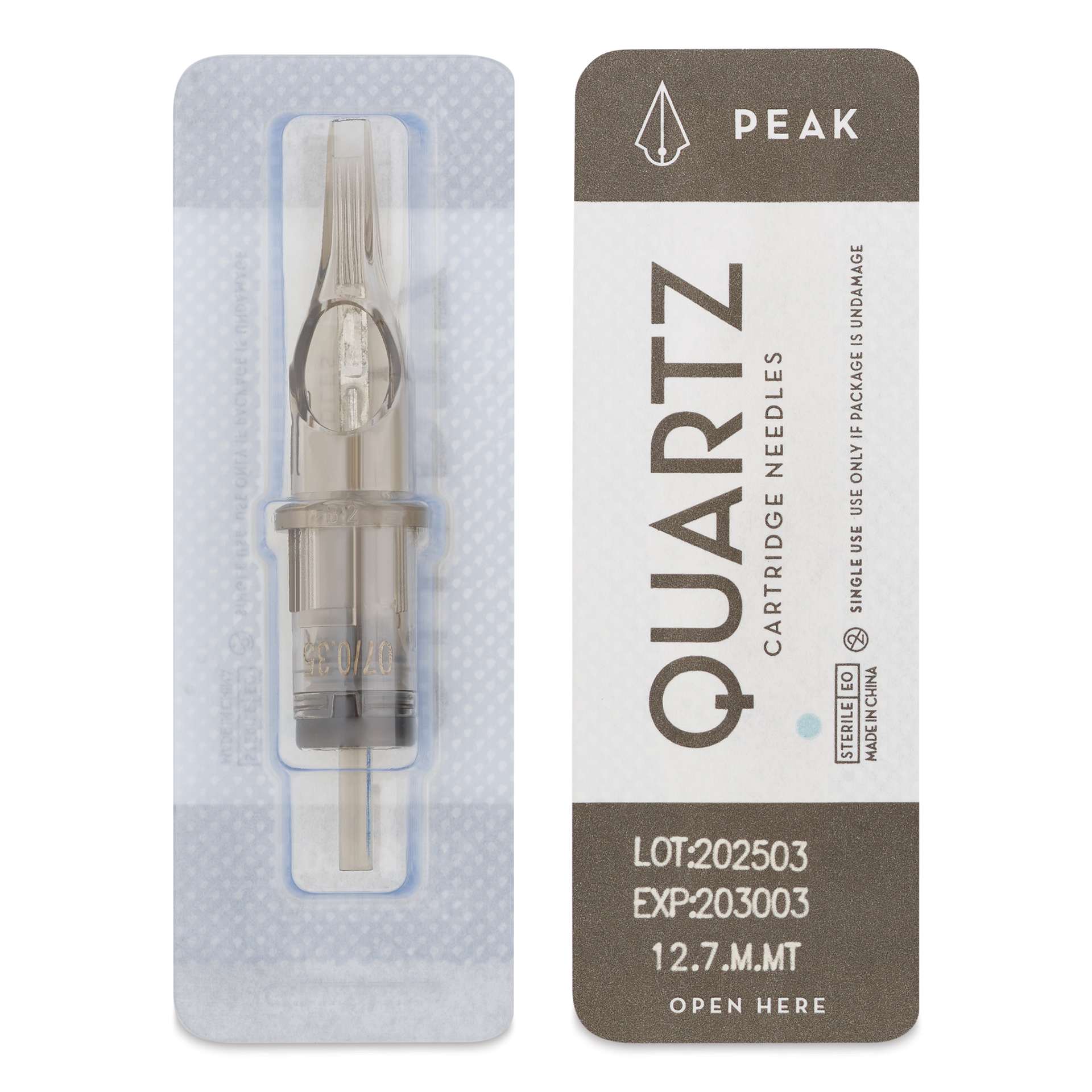 Peak Quartz Magnum Medium Taper Tattoo Needle Cartridges - #12, 7 Needles, Pkg of 20, single needle packaging