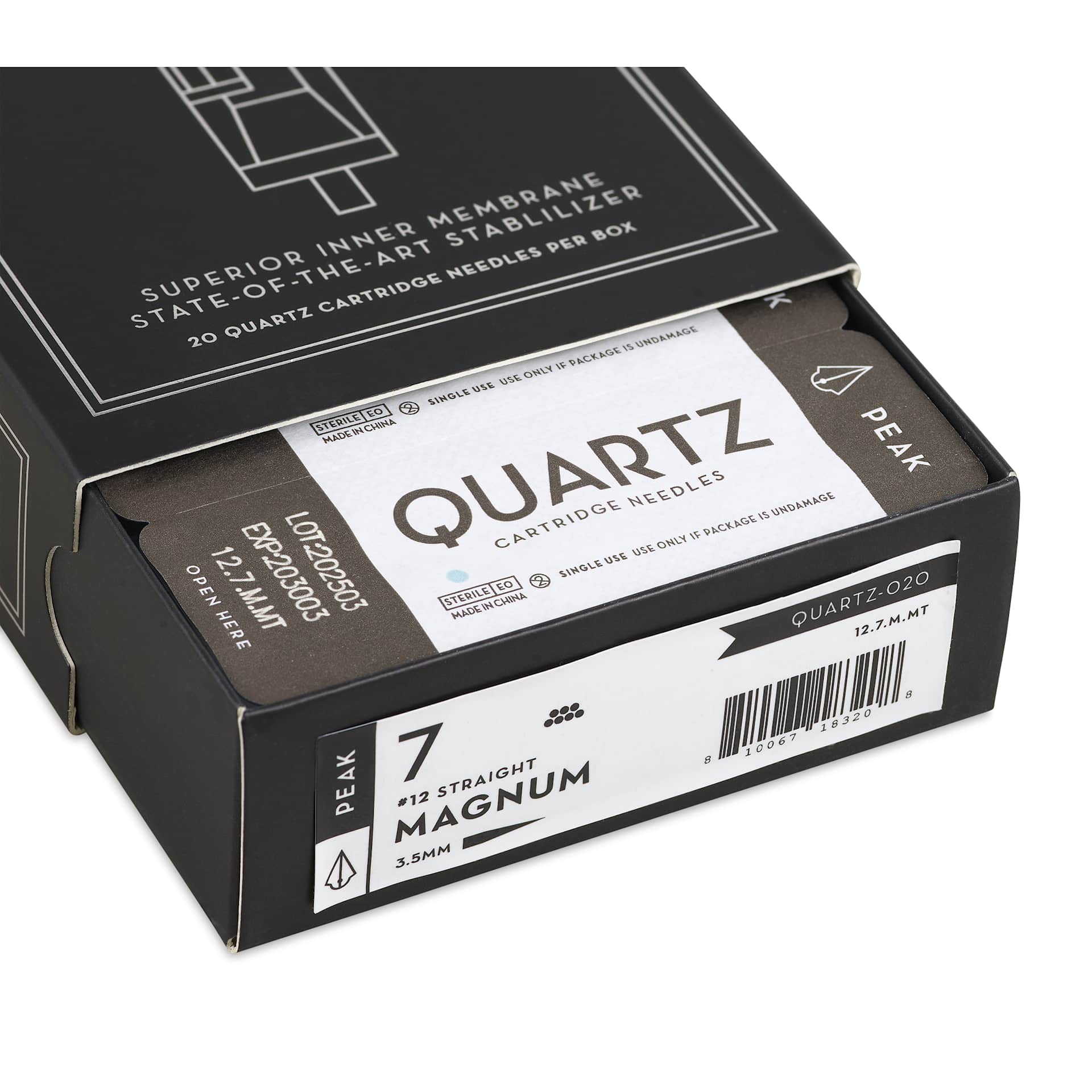 Peak Quartz Magnum Medium Taper Tattoo Needle Cartridges - #12, 7 Needles, Pkg of 20, open packaging