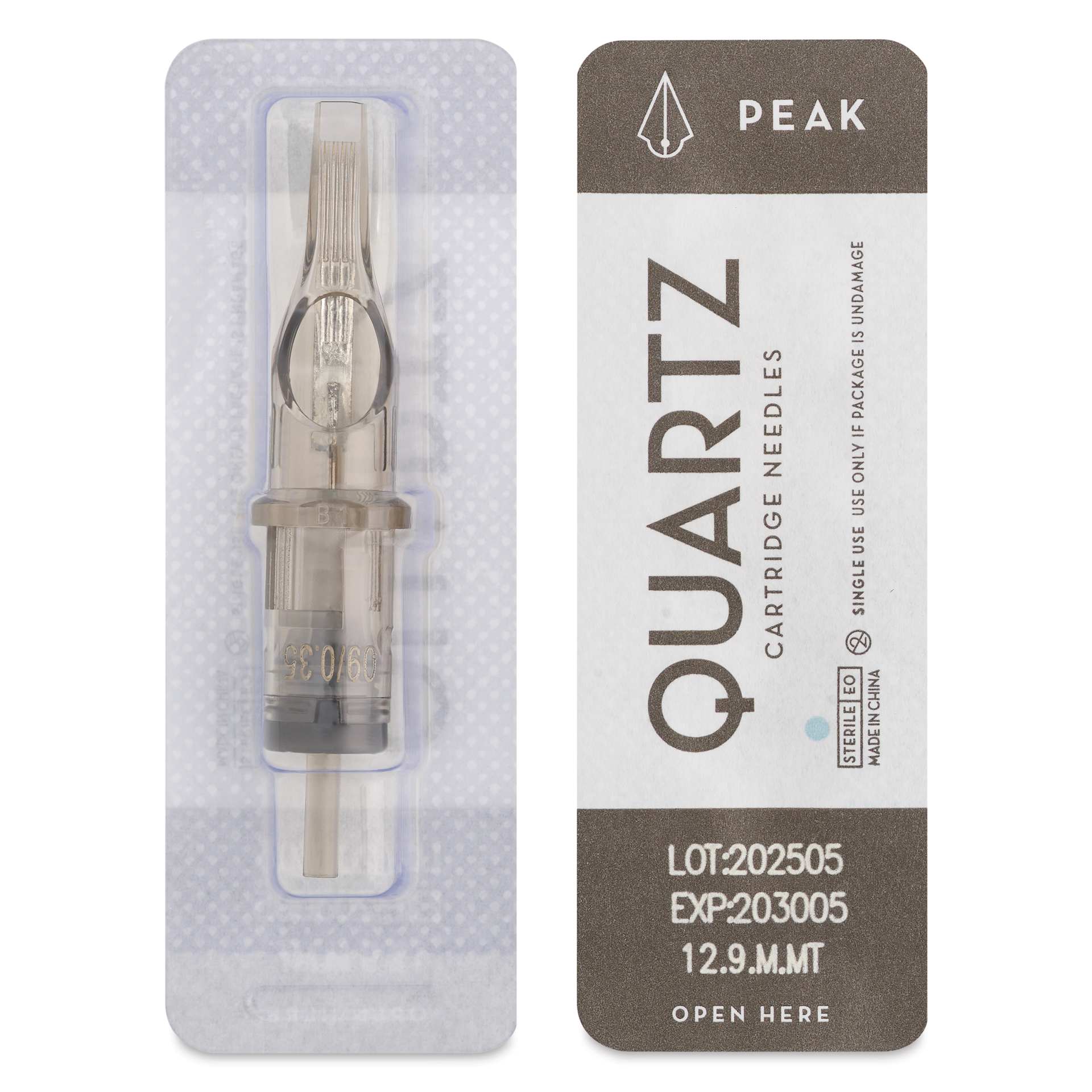 Peak Quartz Magnum Medium Taper Tattoo Needle Cartridges - #12, 9 Needles, Pkg of 20, single needle packaging