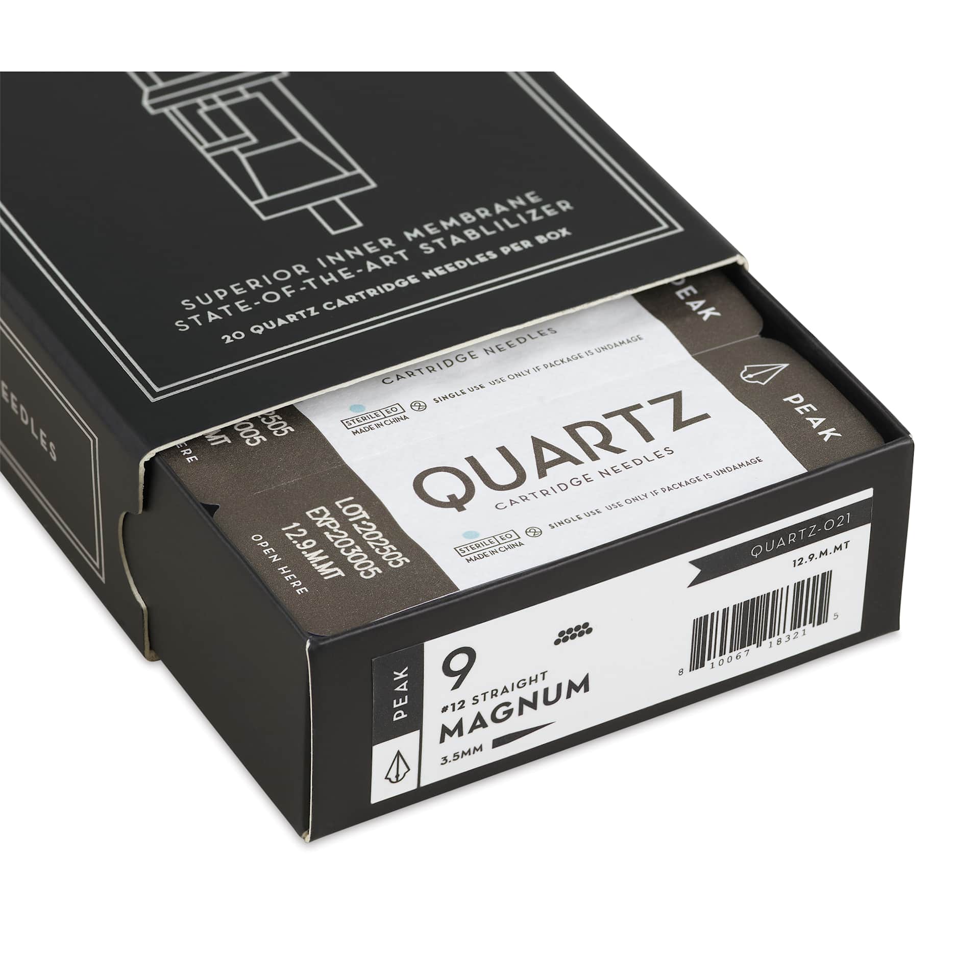 Peak Quartz Magnum Medium Taper Tattoo Needle Cartridges - #12, 9 Needles, Pkg of 20, open packaging