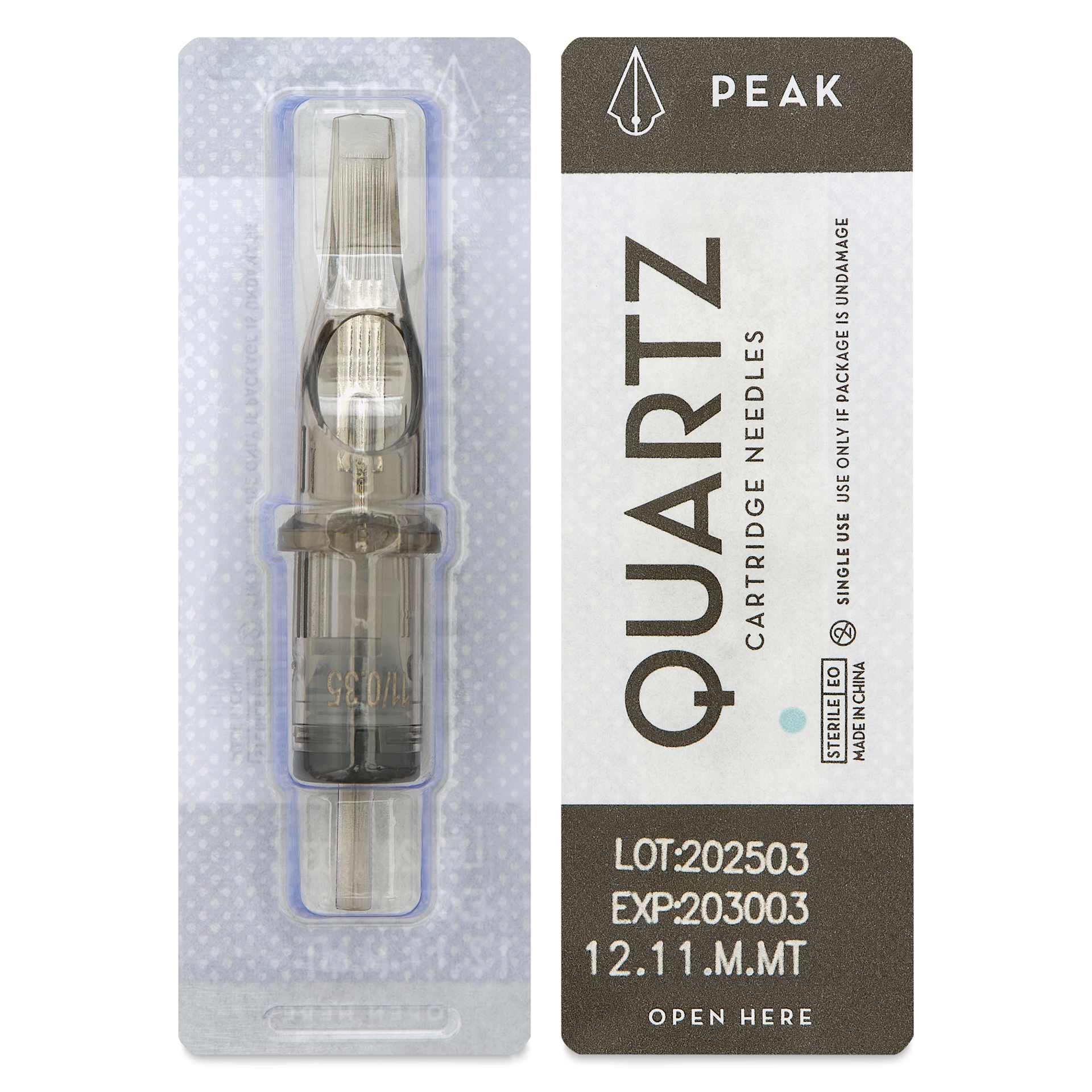 Peak Quartz Magnum Medium Taper Tattoo Needle Cartridges - #12, 11 Needles, Pkg of 20, single needle packaging