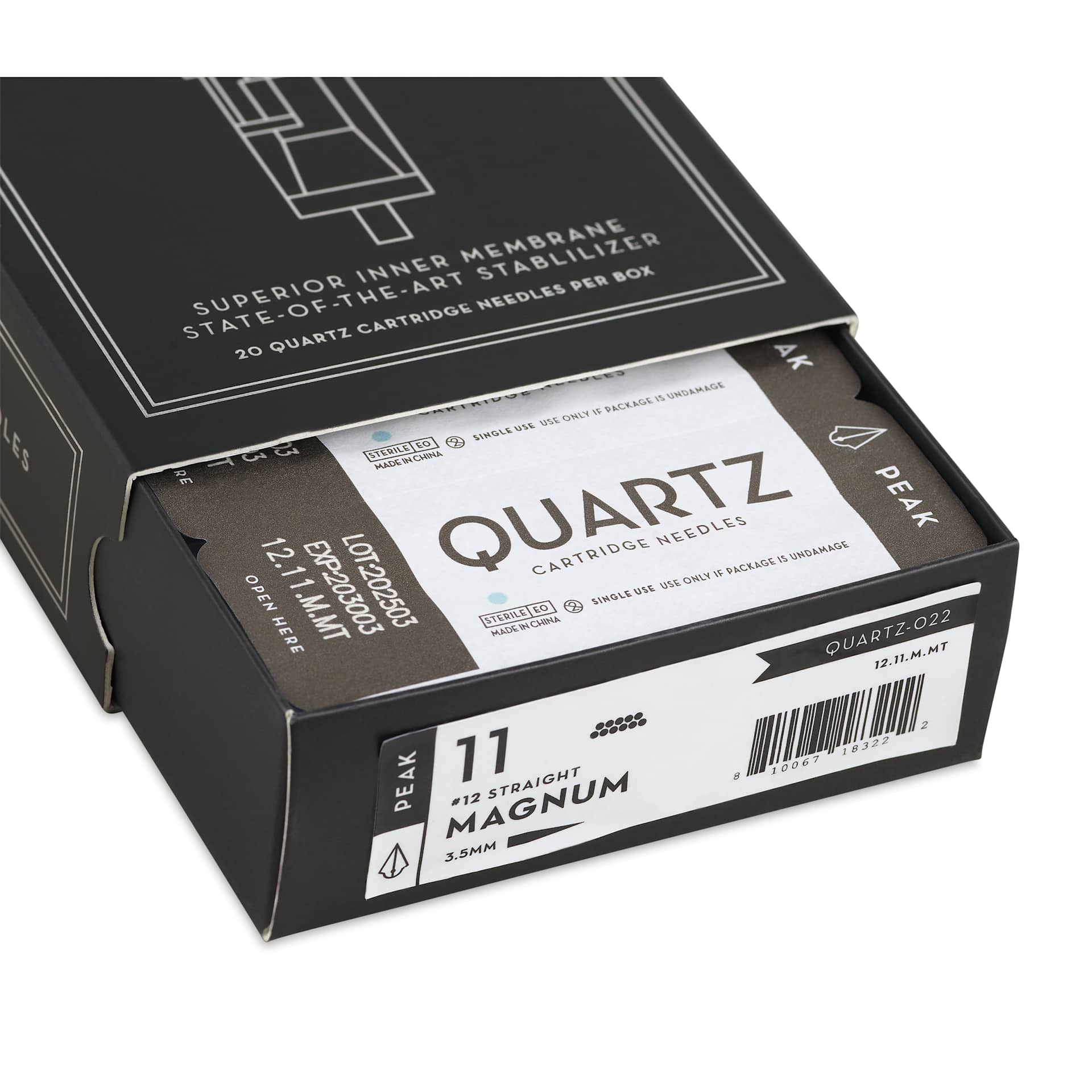 Peak Quartz Magnum Medium Taper Tattoo Needle Cartridges - #12, 11 Needles, Pkg of 20, open packaging