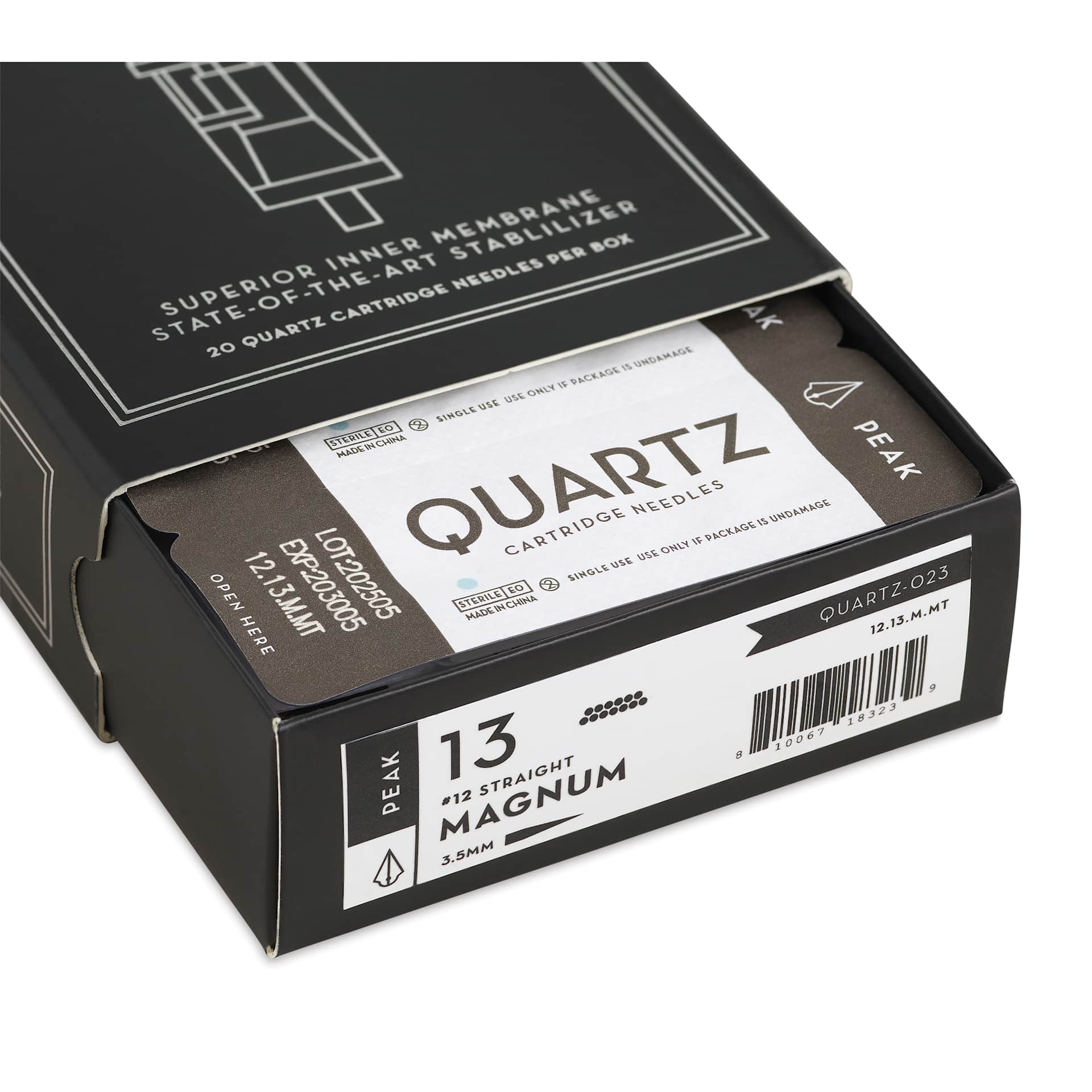 Peak Quartz Magnum Medium Taper Tattoo Needle Cartridges - #12, 13 Needles, Pkg of 20, open packaging