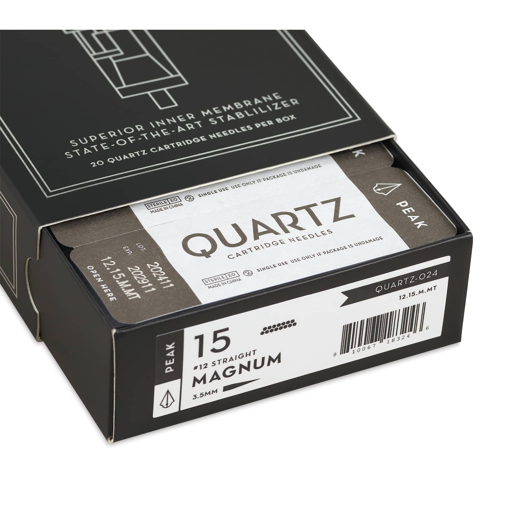 Peak Quartz Magnum Medium Taper Tattoo Needle Cartridges - #12, 15 Needles, Pkg of 20, open packaging