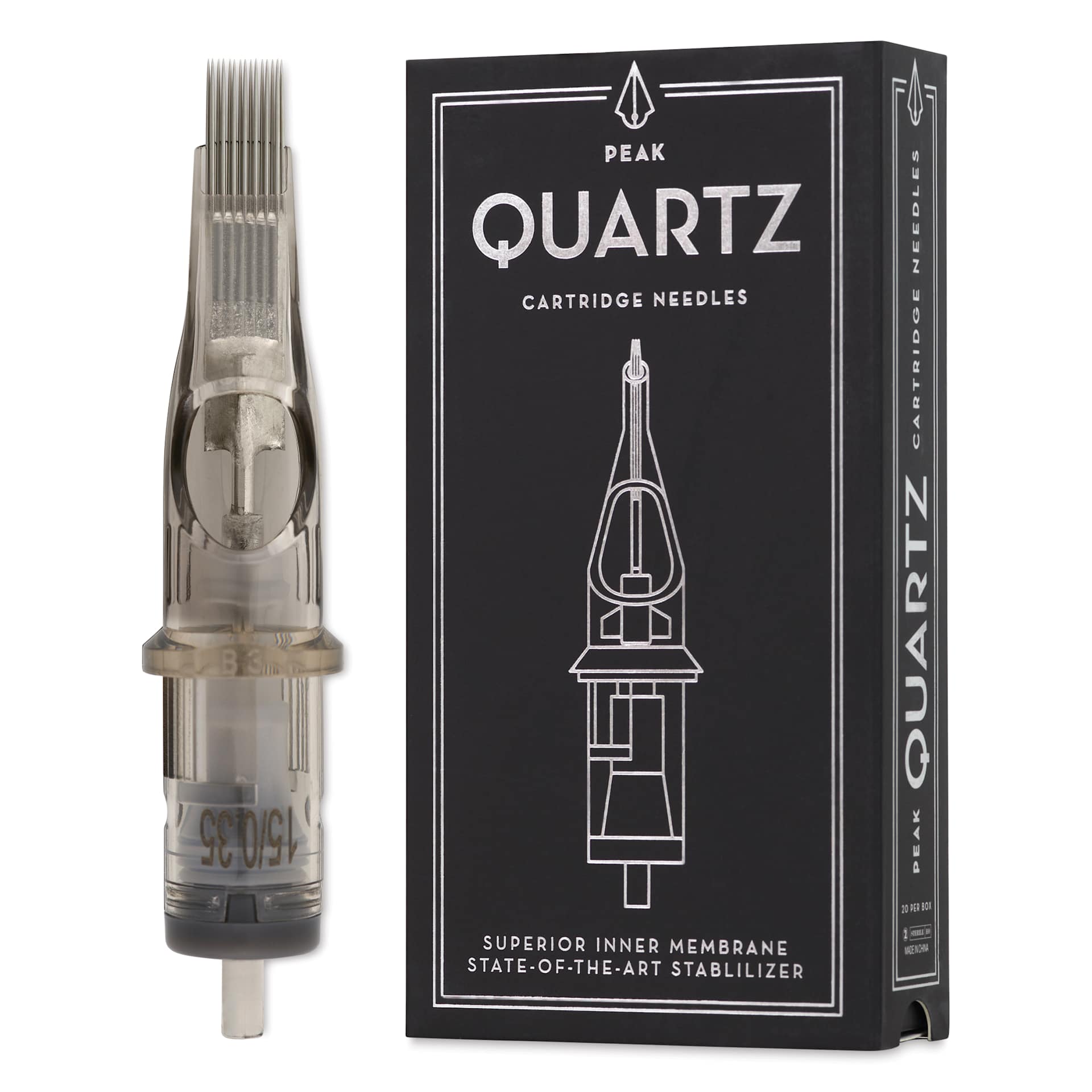 Peak Quartz Magnum Medium Taper Tattoo Needle Cartridges - #12, 15 Needles, Pkg of 20, needle and packaging
