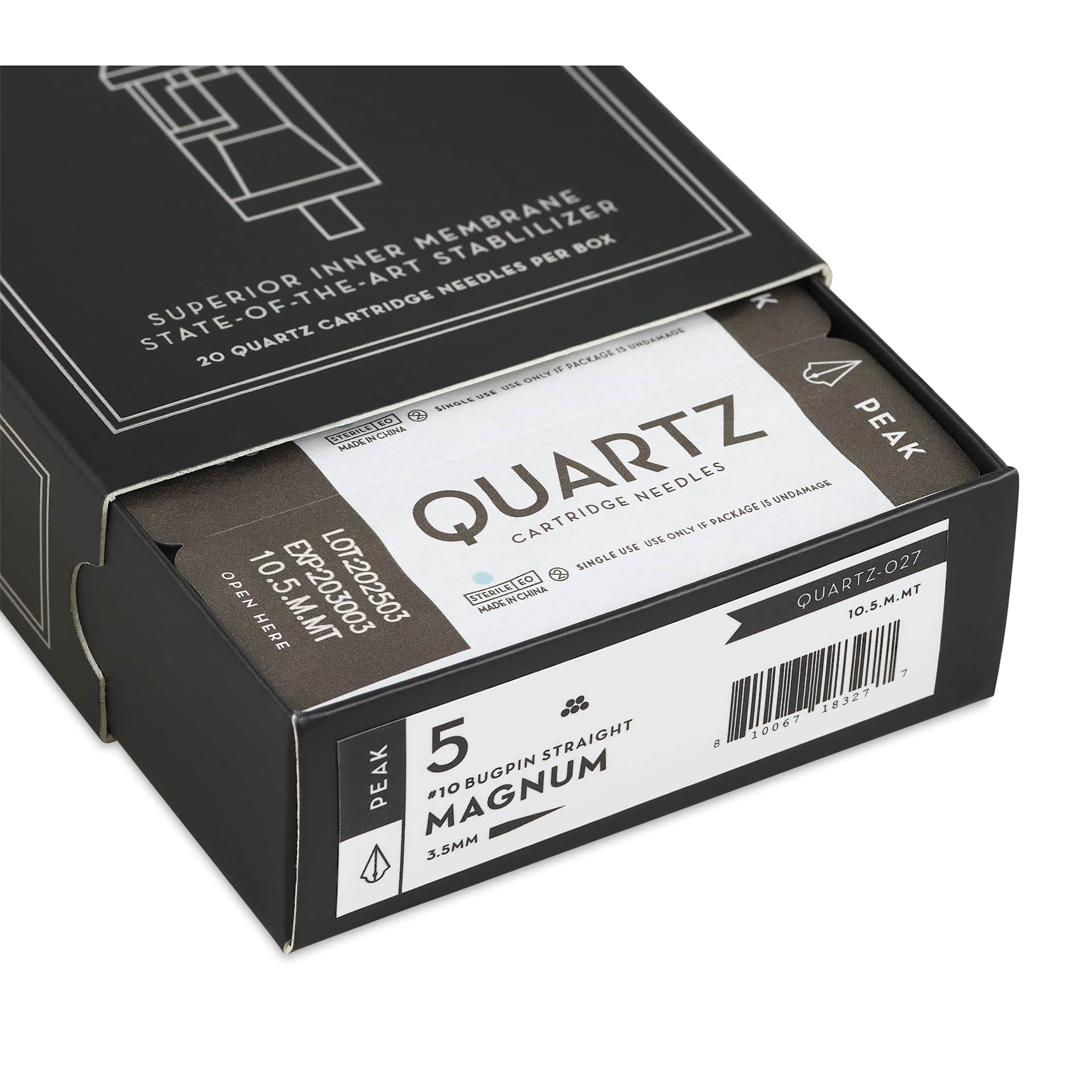 Peak Quartz Magnum Medium Taper Tattoo Needle Cartridges - #10, 5 Needles, Pkg of 20, open packaging