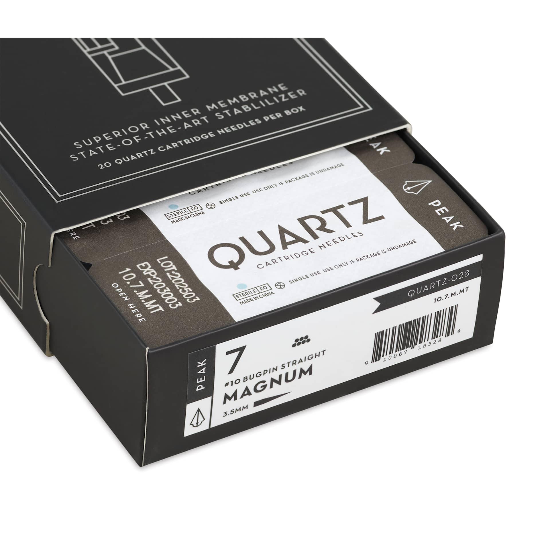 Peak Quartz Magnum Medium Taper Tattoo Needle Cartridges - #10, 7 Needles, Pkg of 20, open packaging