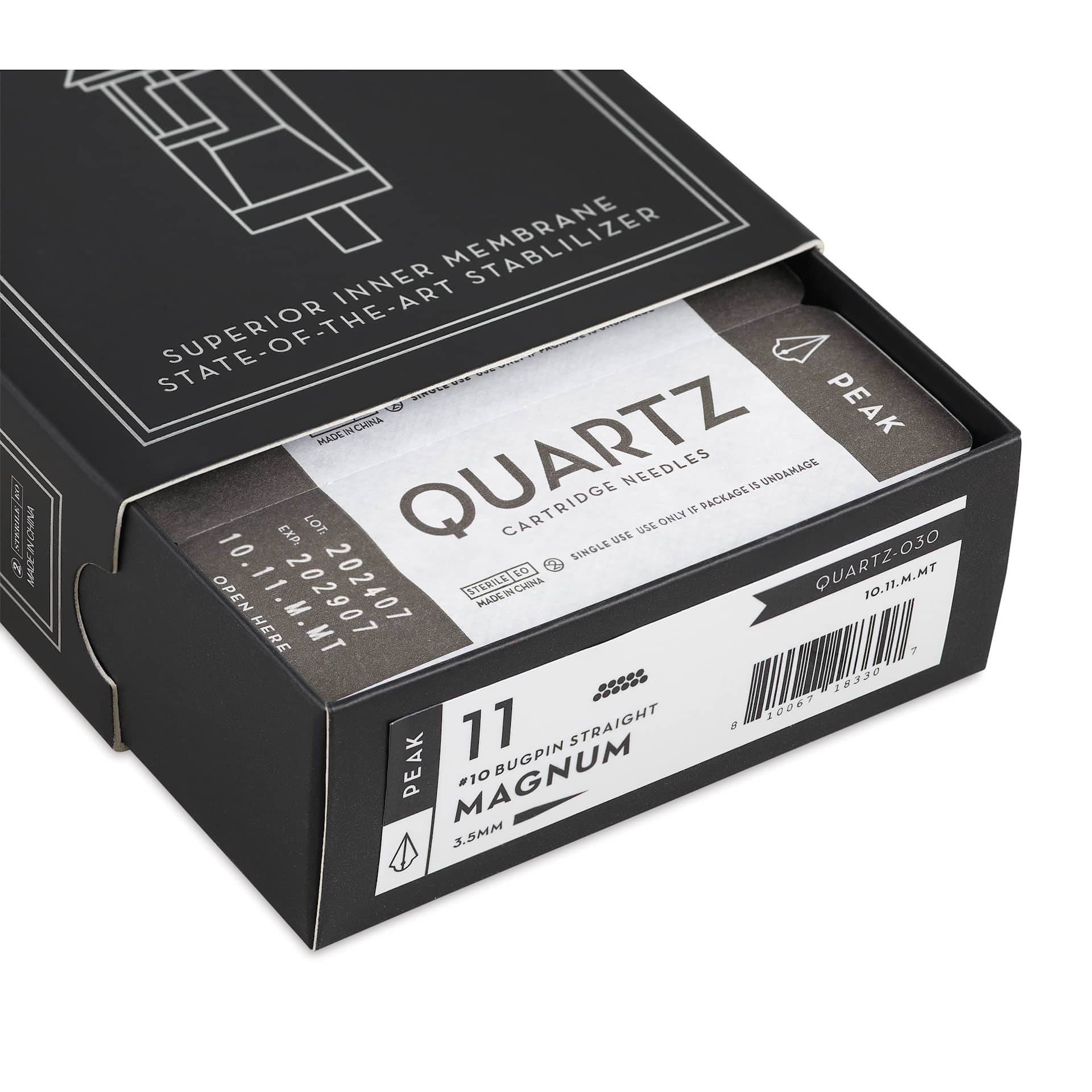 Peak Quartz Magnum Medium Taper Tattoo Needle Cartridges - #10, 11 Needles, Pkg of 20, open packaging