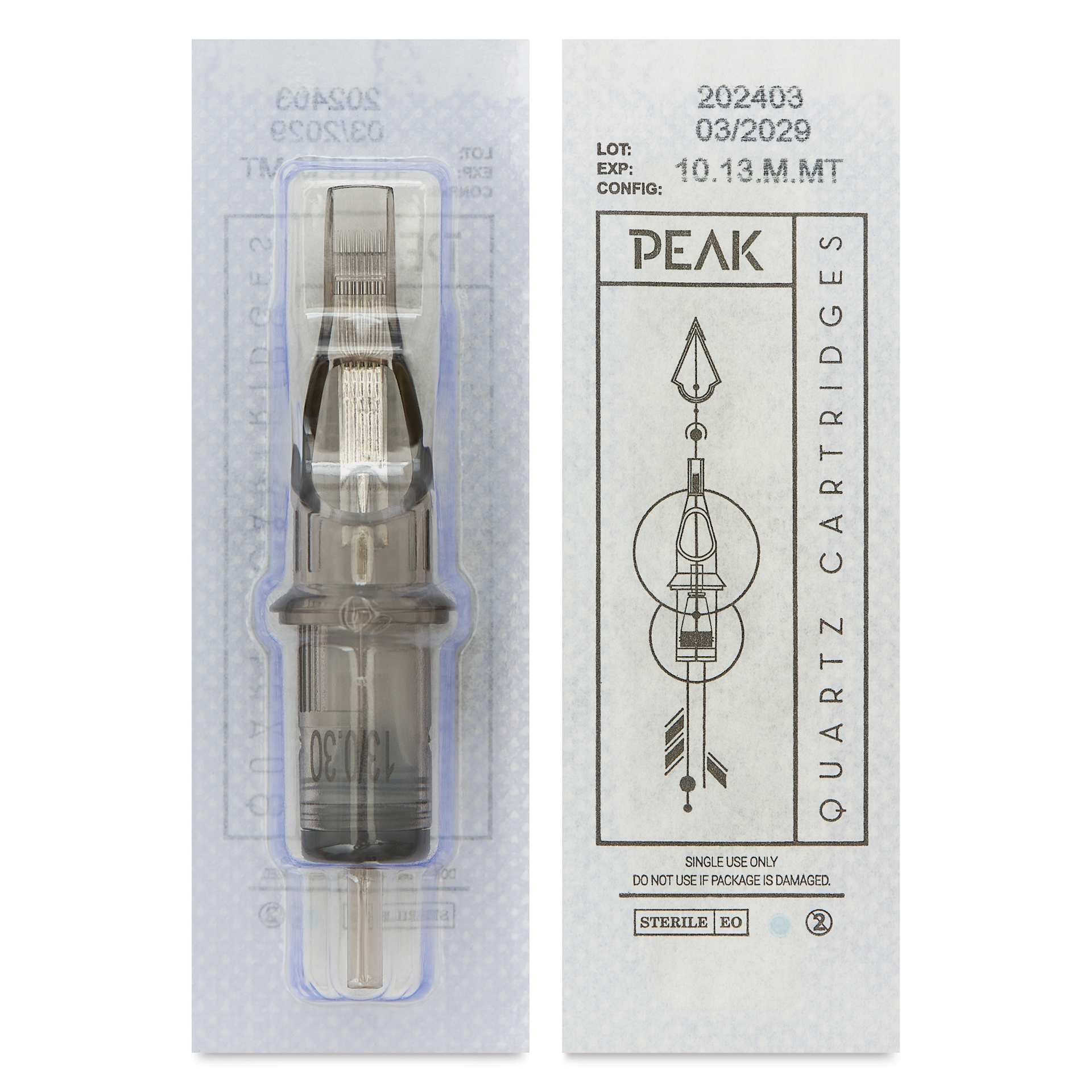 Peak Quartz Magnum Medium Taper Tattoo Needle Cartridges - #10, 13 Needles, Pkg of 20, single needle packaging