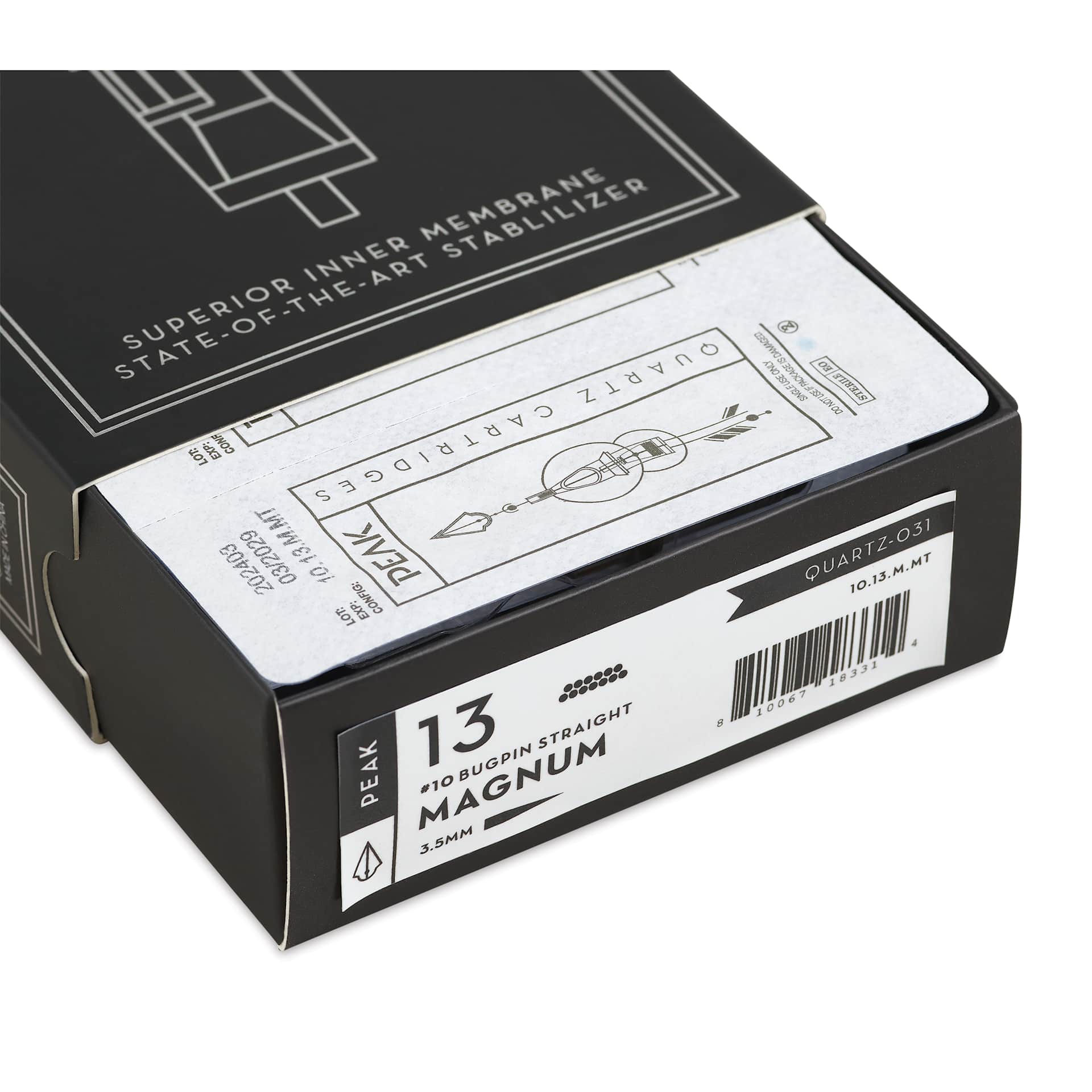 Peak Quartz Magnum Medium Taper Tattoo Needle Cartridges - #10, 13 Needles, Pkg of 20, open packaging