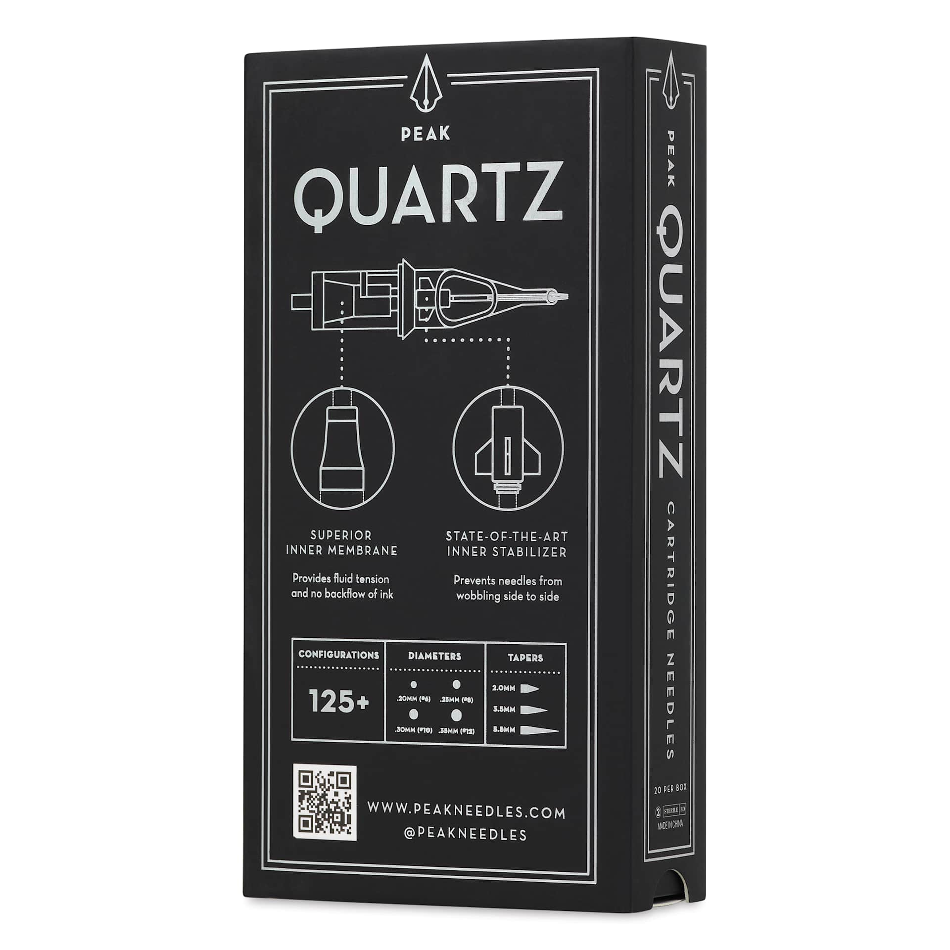 Peak Quartz Magnum Medium Taper Tattoo Needle Cartridges - #10, 15 Needles, Pkg of 20, back of packaging