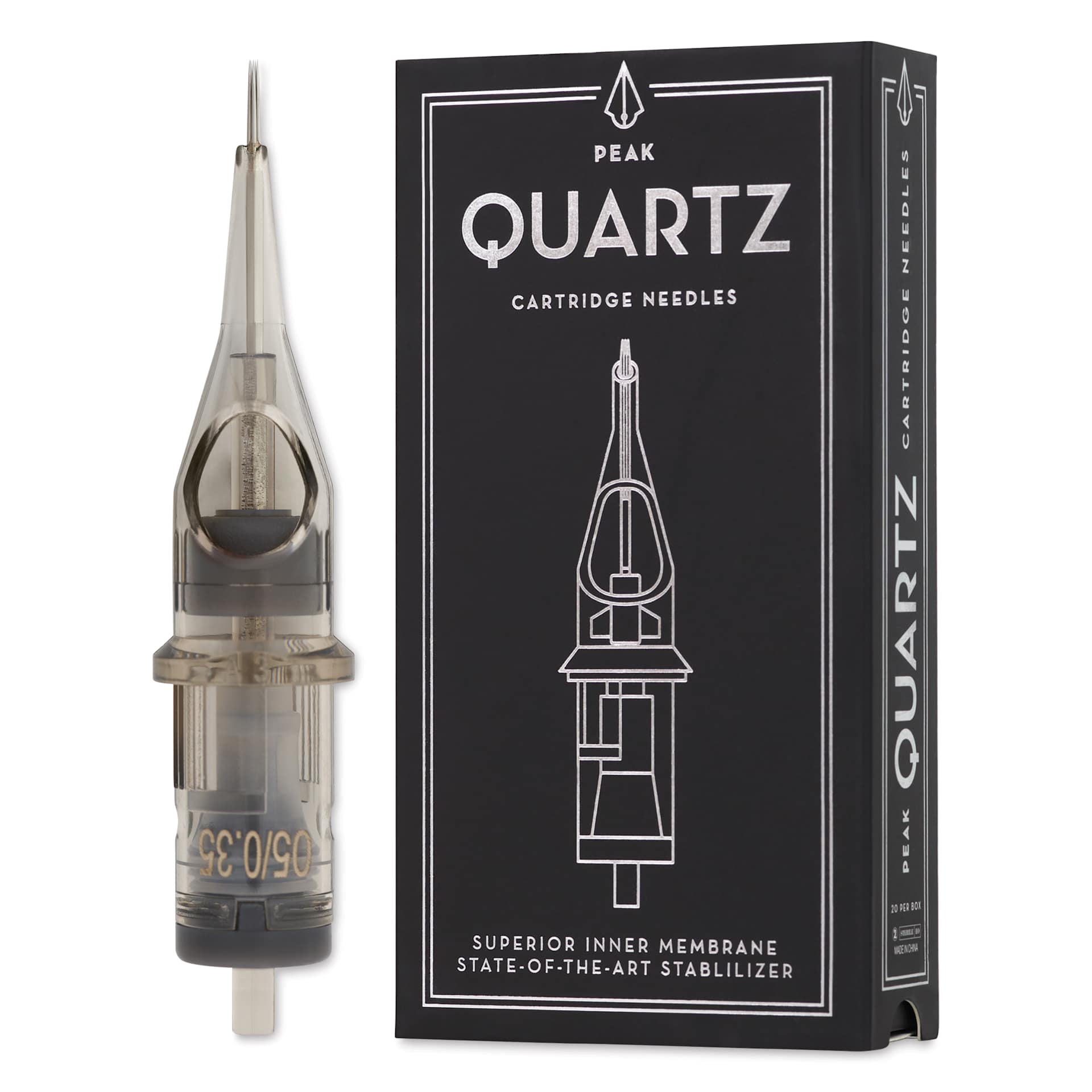 Peak Quartz Round Liner Medium Taper Tattoo Needle Cartridges - #12, 5 Needles, Pkg of 20, needle and packaging