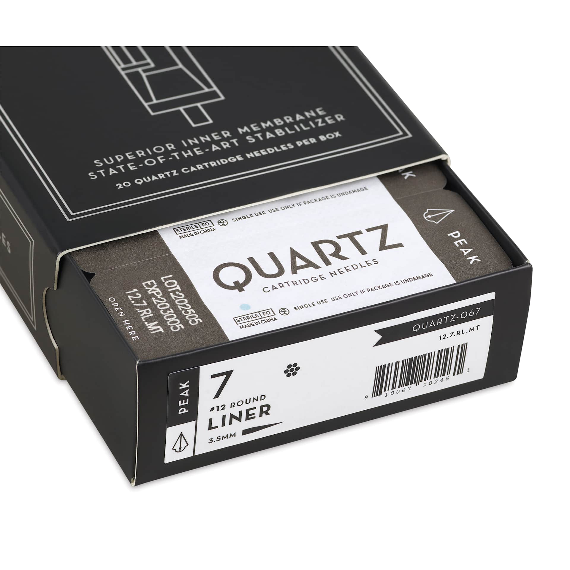 Peak Quartz Round Liner Medium Taper Tattoo Needle Cartridges - #12, 7 Needles, Pkg of 20, open packaging