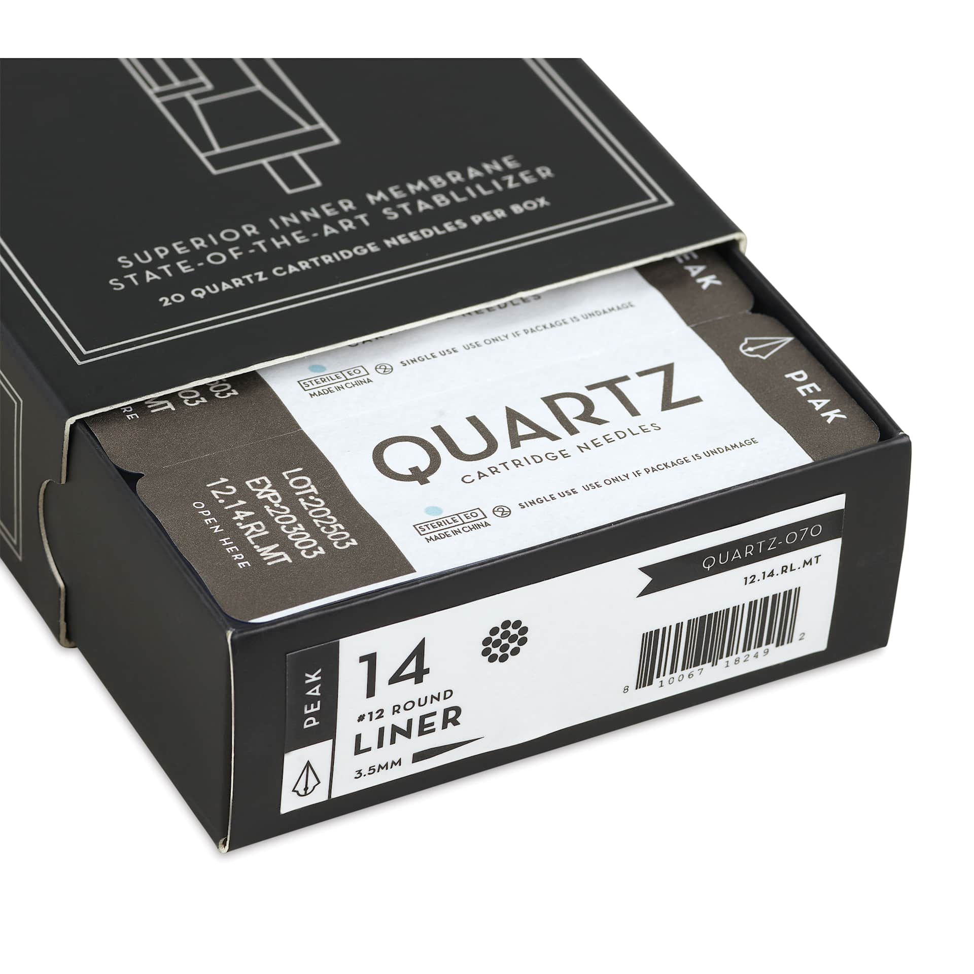 Peak Quartz Round Liner Medium Taper Tattoo Needle Cartridges - #12, 14 Needles, Pkg of 20, open packaging