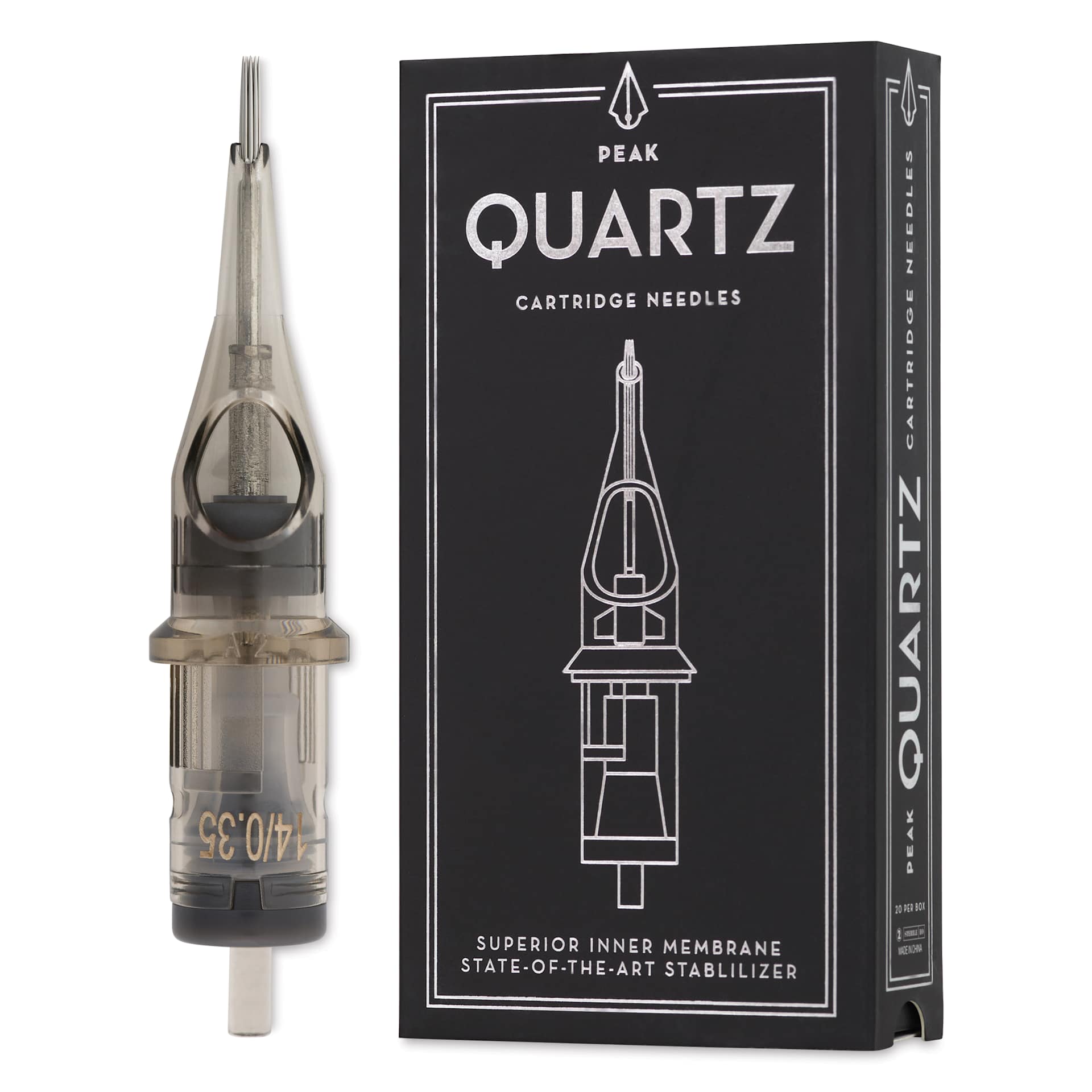 Peak Quartz Round Liner Medium Taper Tattoo Needle Cartridges - #12, 14 Needles, Pkg of 20, needle and packaging