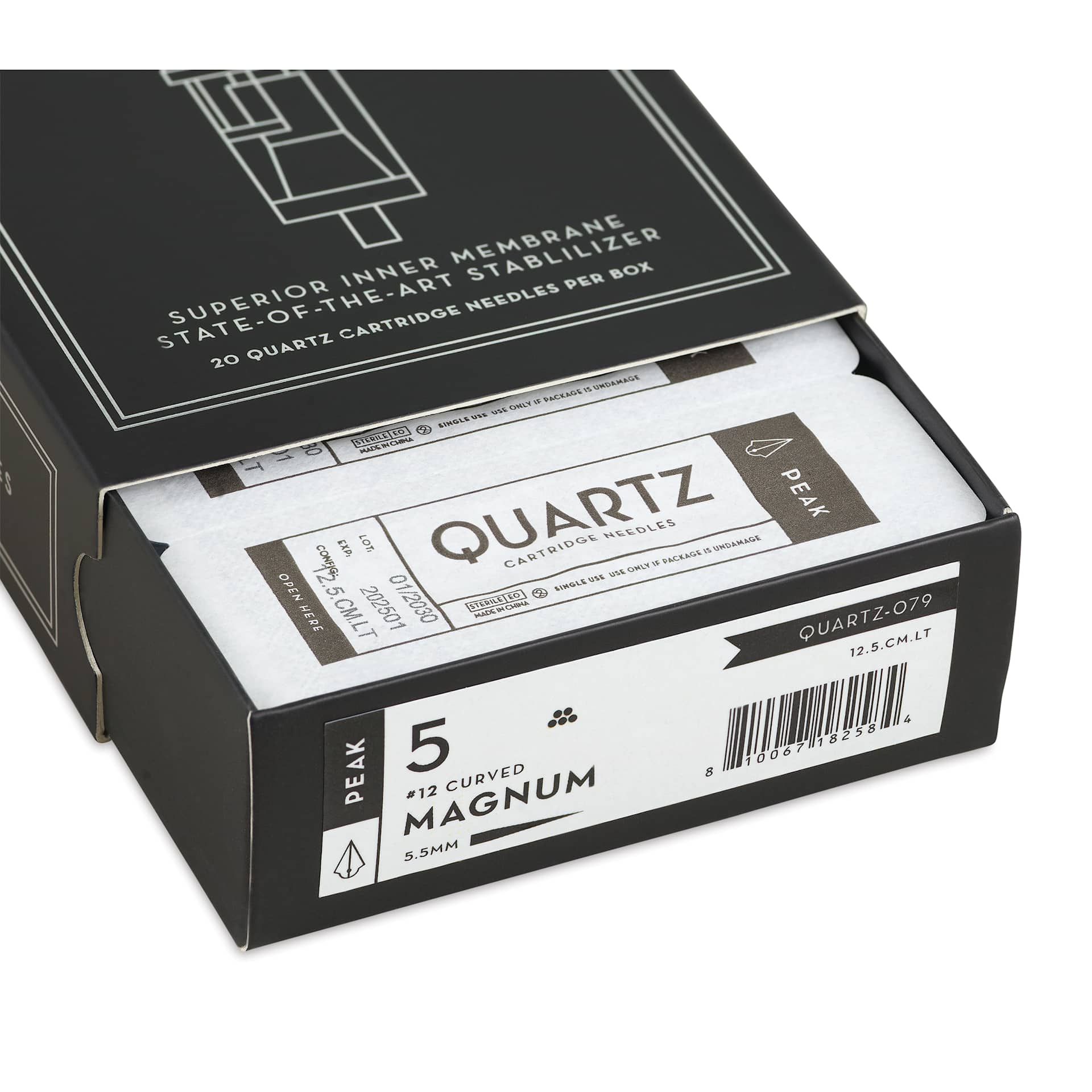 Peak Quartz Curved Magnum Long Taper Tattoo Needle Cartridges - #12, 5 Needles, Pkg of 20, open packaging