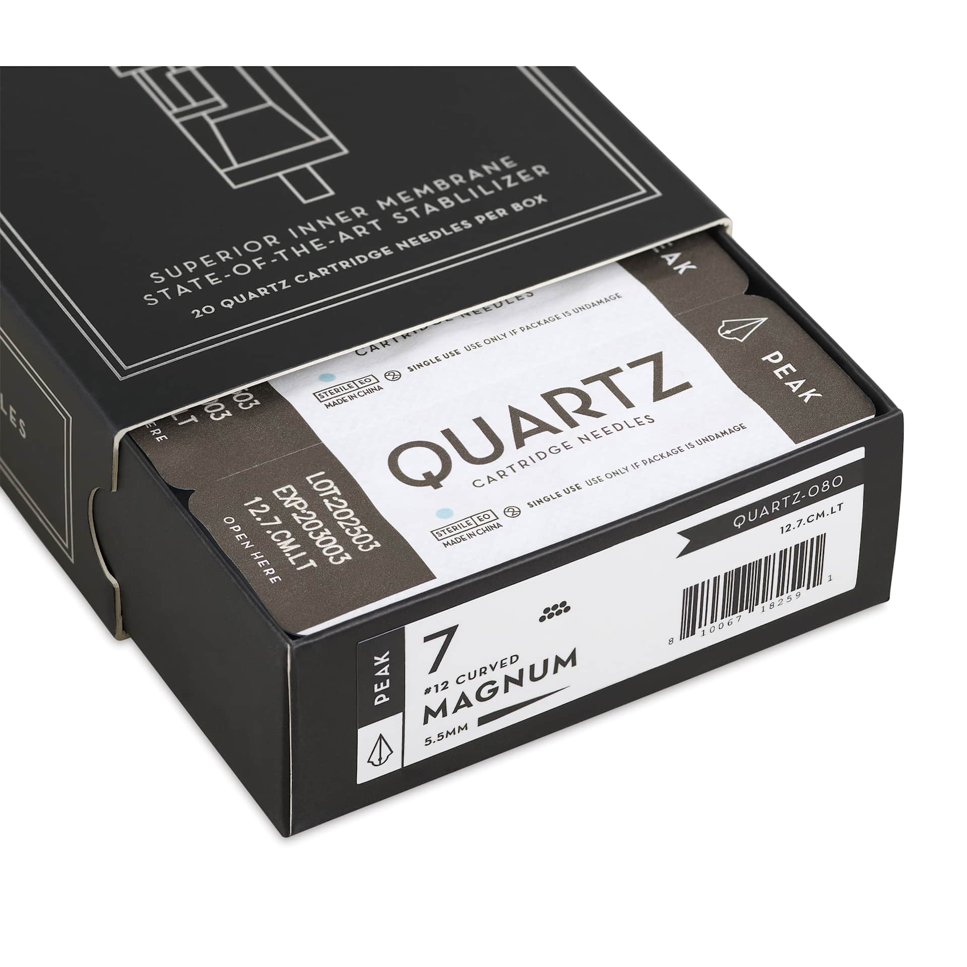 Peak Quartz Curved Magnum Long Taper Tattoo Needle Cartridges - #12, 7 Needles, Pkg of 20, open packaging