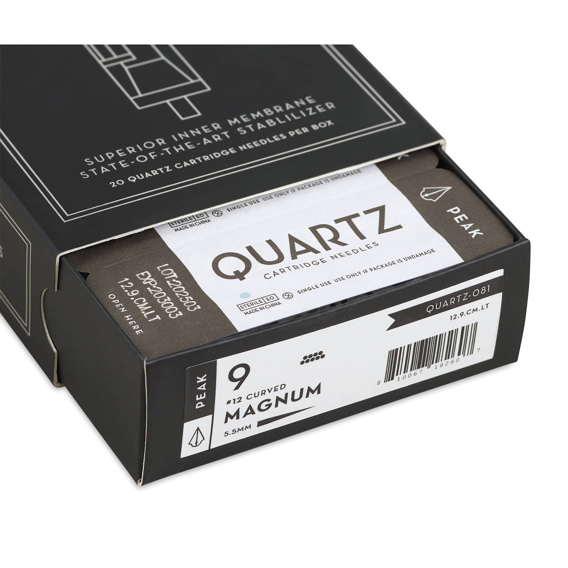 Peak Quartz Curved Magnum Long Taper Tattoo Needle Cartridges - #12, 9 Needles, Pkg of 20, open packaging