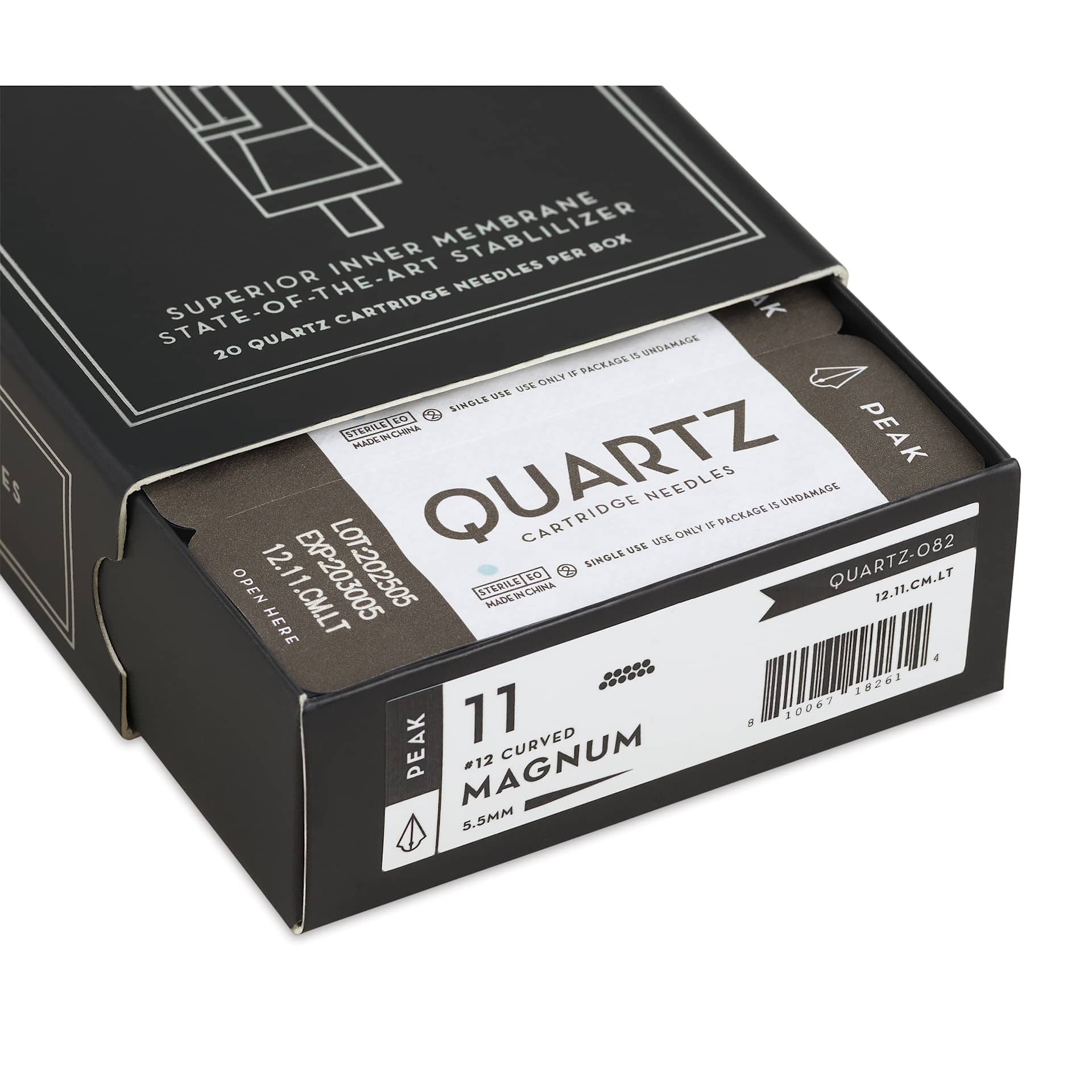 Peak Quartz Curved Magnum Long Taper Tattoo Needle Cartridges - #12, 11 Needles, Pkg of 20, open packaging