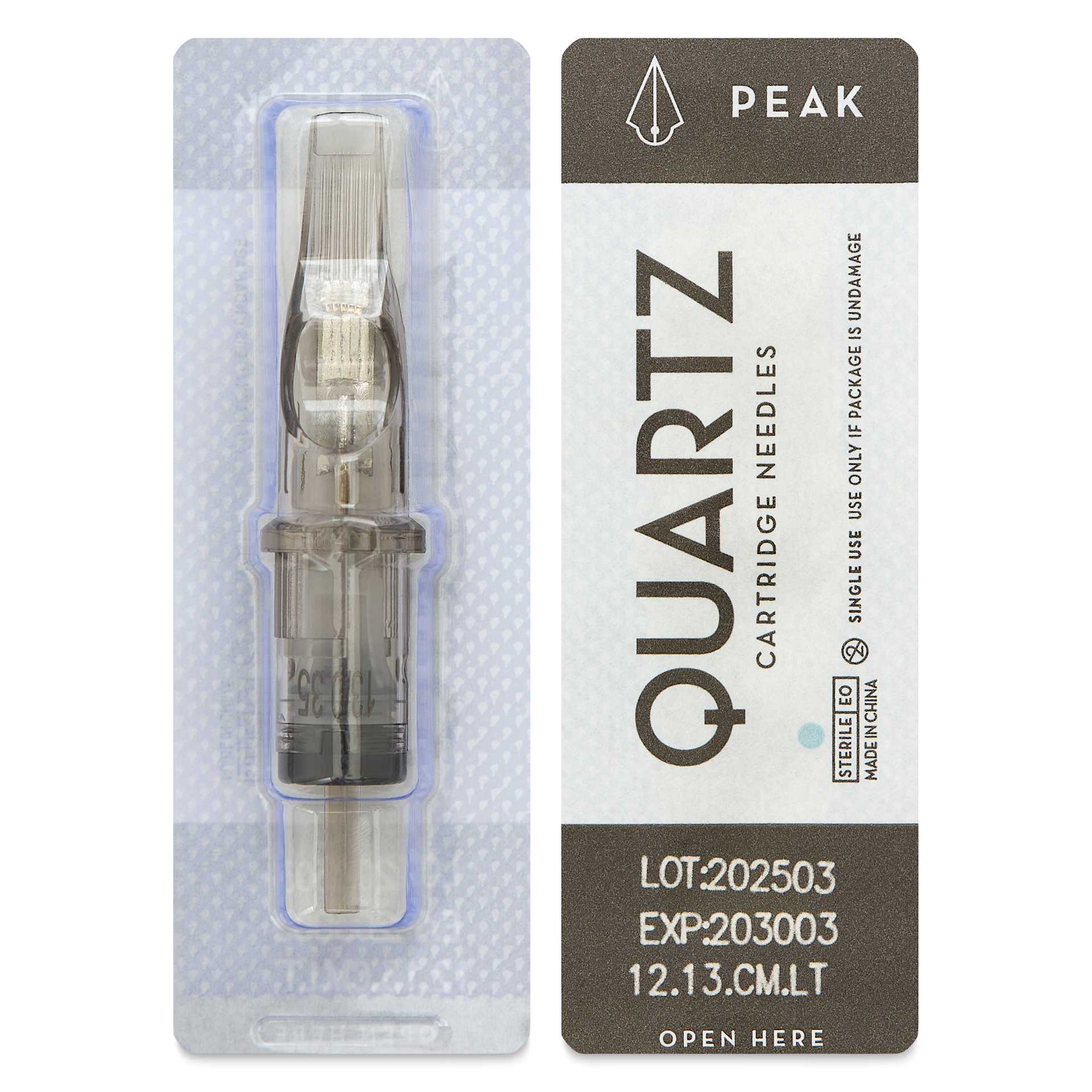 Peak Quartz Curved Magnum Long Taper Tattoo Needle Cartridges - #12, 13 Needles, Pkg of 20, single needle packaging