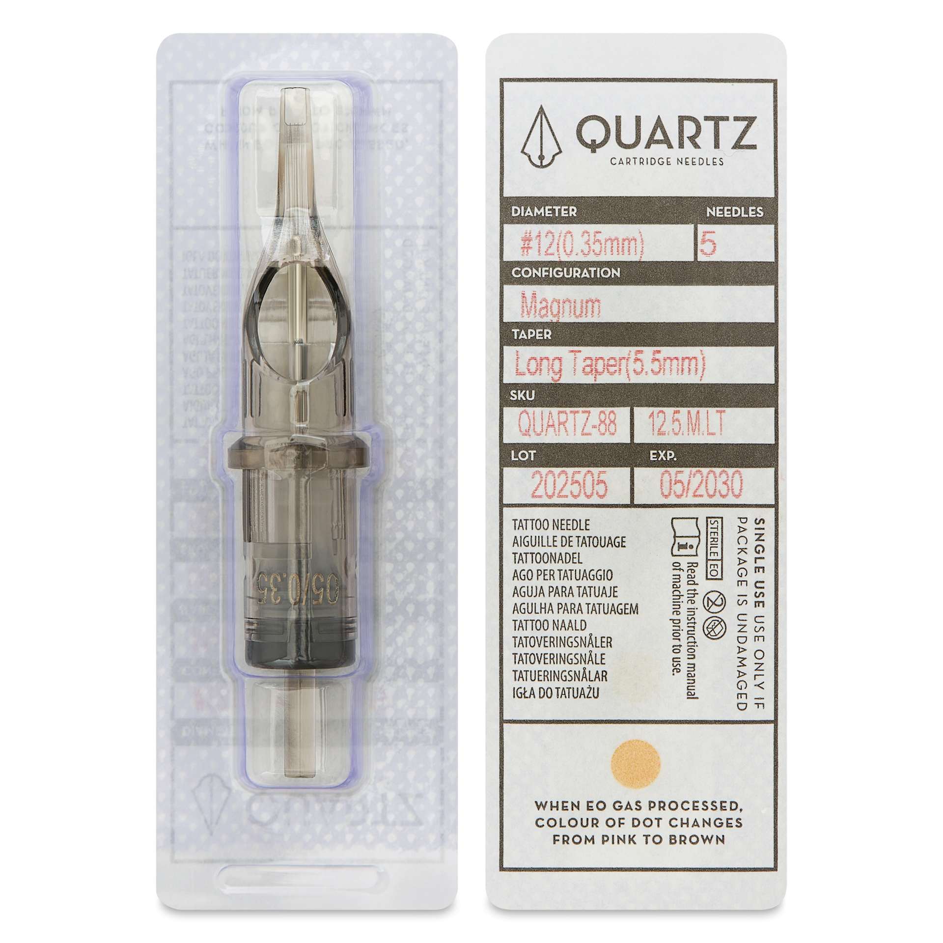 Peak Quartz Magnum Long Taper Tattoo Needle Cartridges - #12, 5 Needles, Pkg of 20, single needle packaging