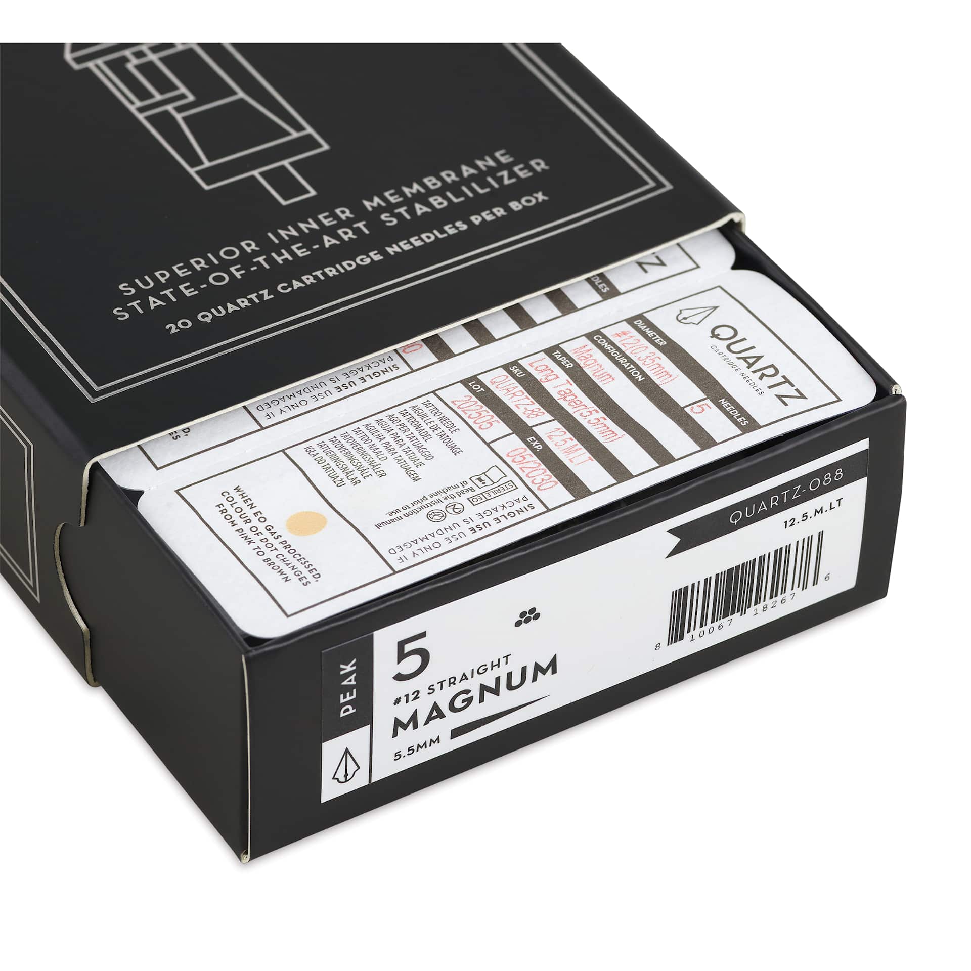 Peak Quartz Magnum Long Taper Tattoo Needle Cartridges - #12, 5 Needles, Pkg of 20, open packaging