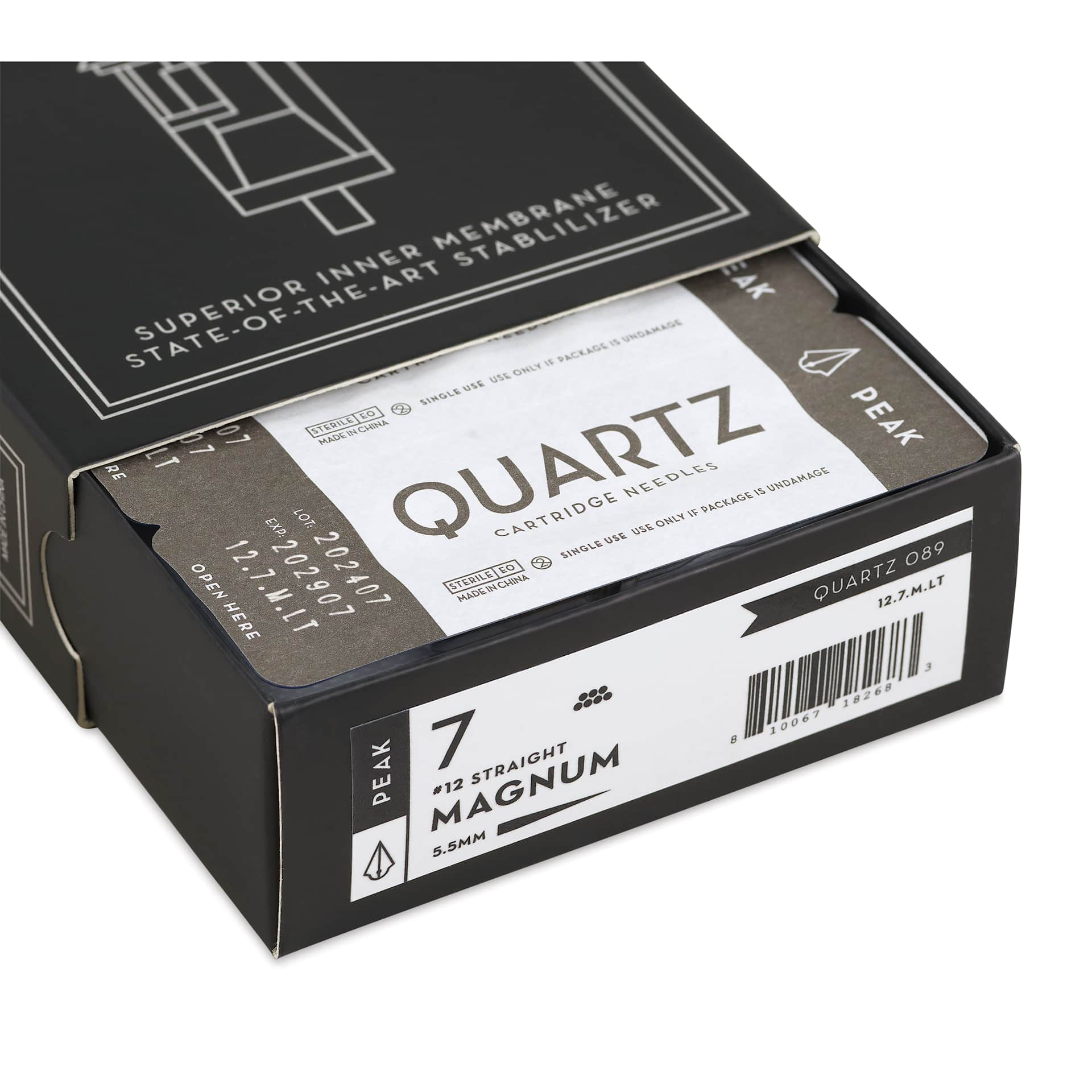 Peak Quartz Magnum Long Taper Tattoo Needle Cartridges - #12, 7 Needles, Pkg of 20, open packaging
