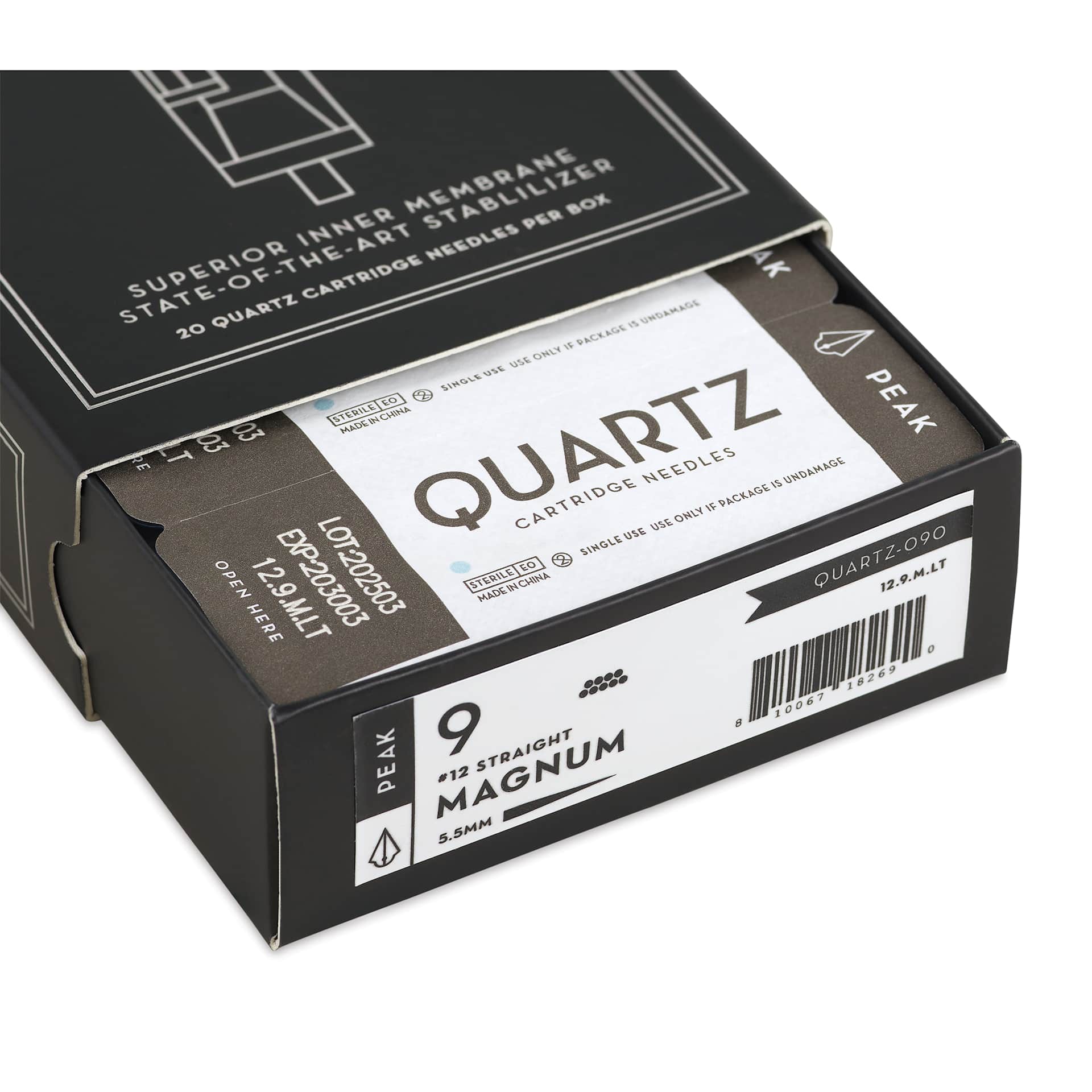 Peak Quartz Magnum Long Taper Tattoo Needle Cartridges - #12, 9 Needles, Pkg of 20, open packaging