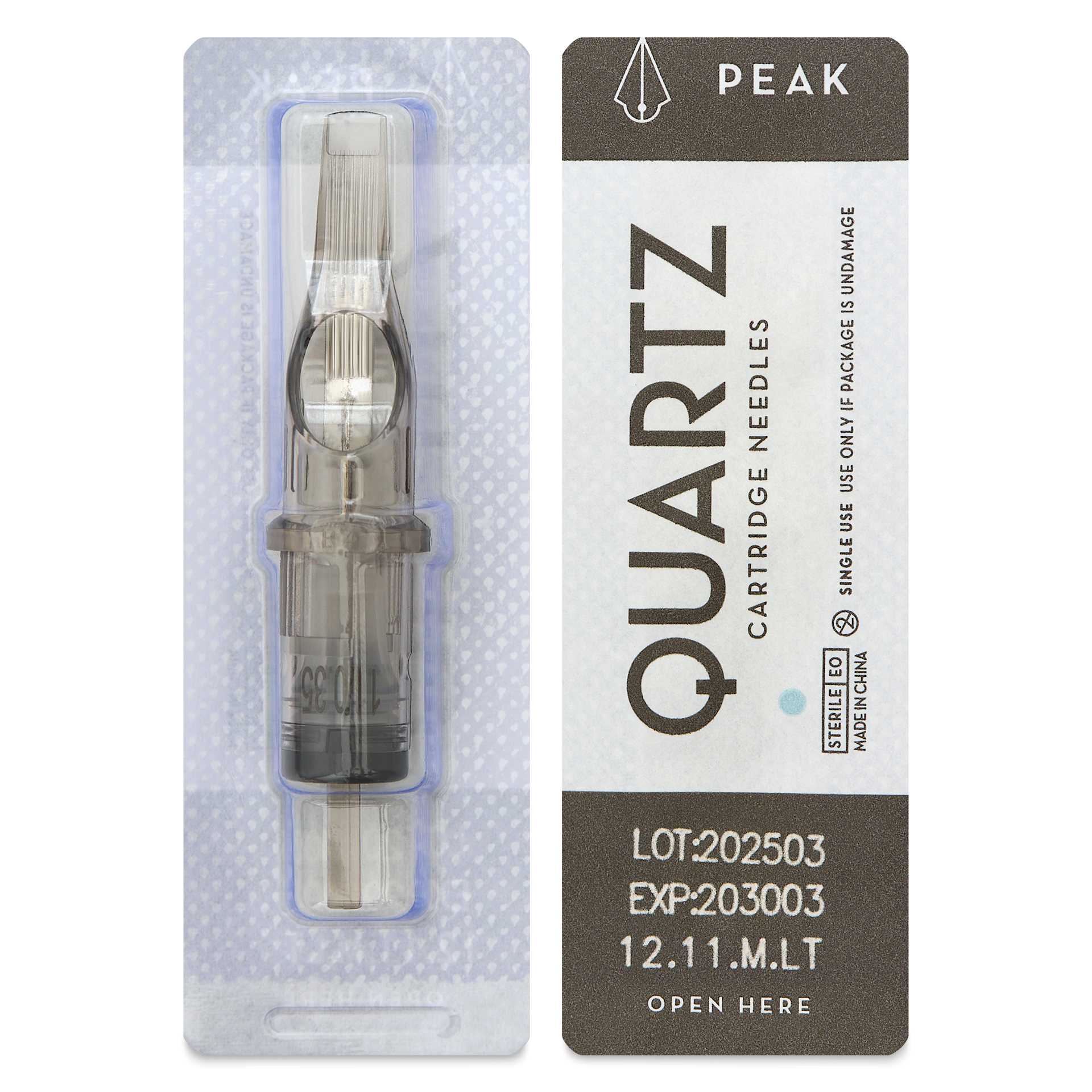 Peak Quartz Magnum Long Taper Tattoo Needle Cartridges - #12, 11 Needles, Pkg of 20, single needle packaging