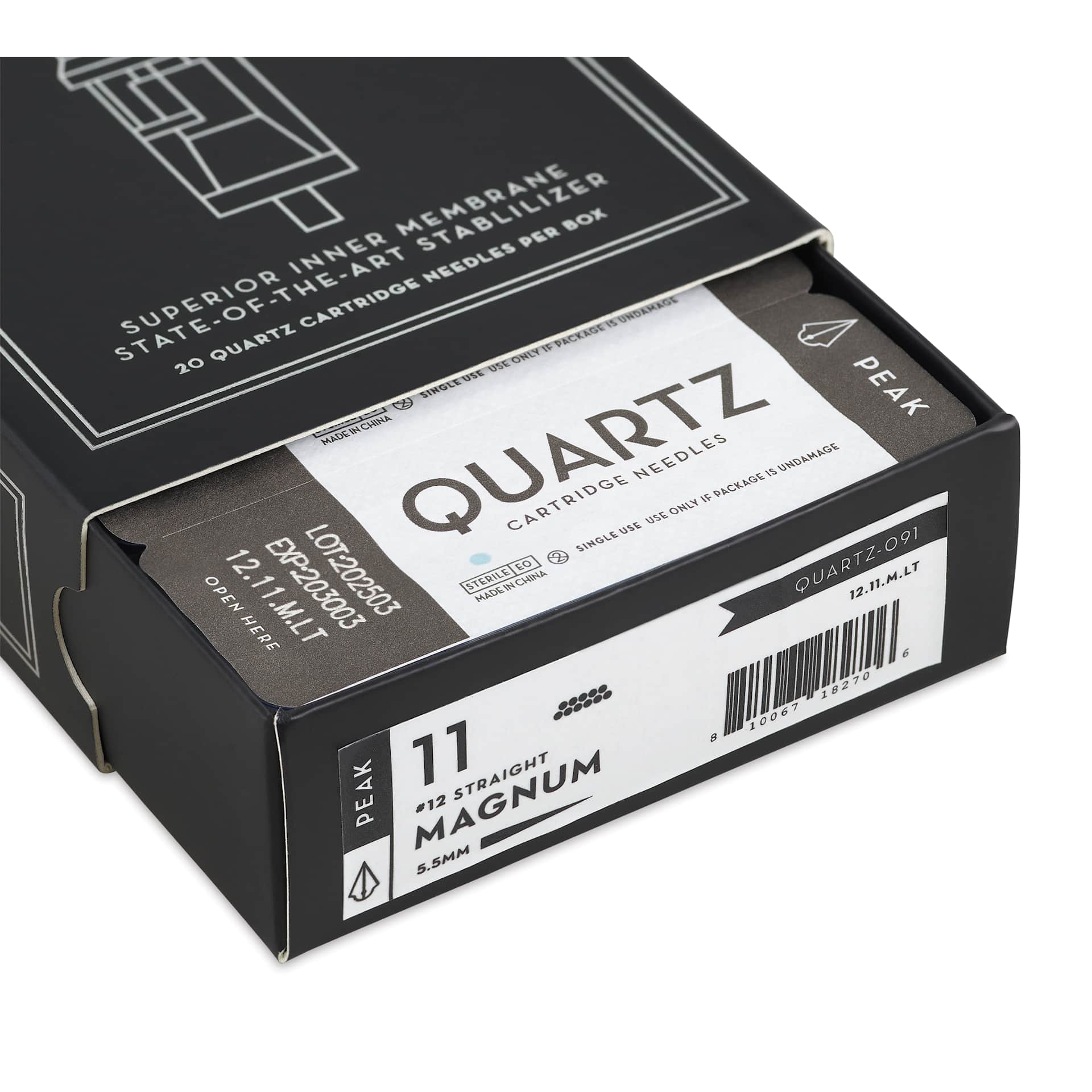 Peak Quartz Magnum Long Taper Tattoo Needle Cartridges - #12, 11 Needles, Pkg of 20, open packaging