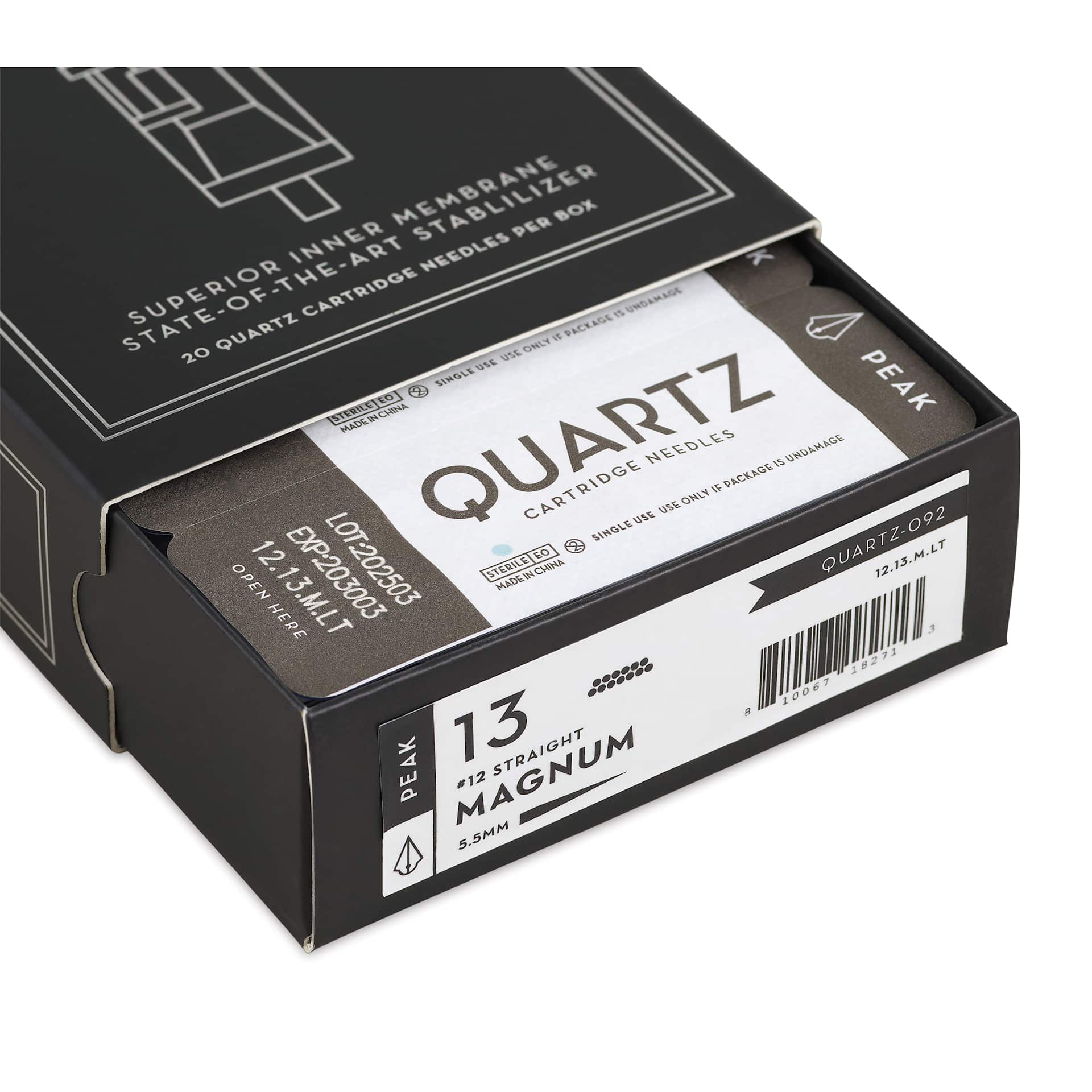 Peak Quartz Magnum Long Taper Tattoo Needle Cartridges - #12, 13 Needles, Pkg of 20, open packaging