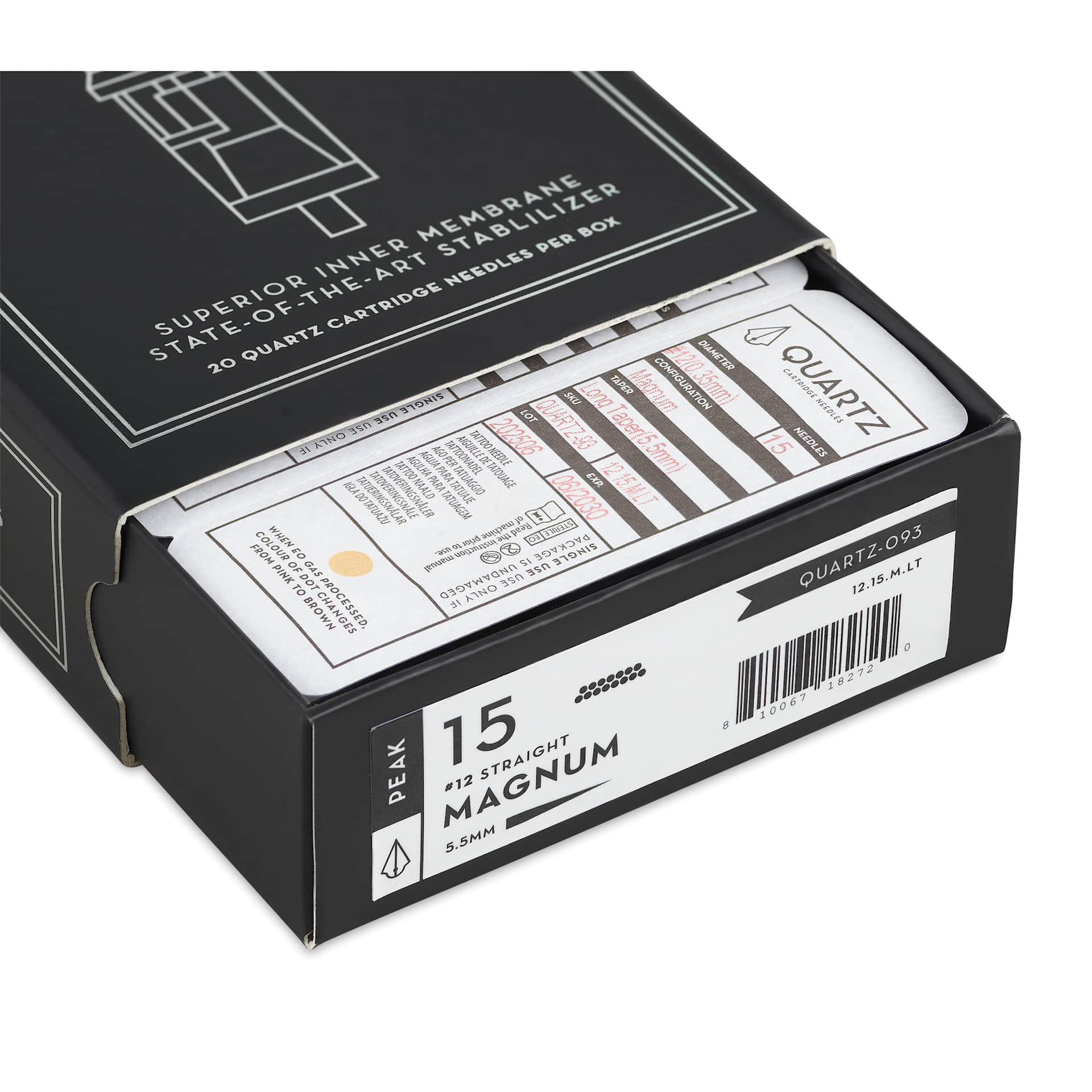 Peak Quartz Magnum Long Taper Tattoo Needle Cartridges - #12, 15 Needles, Pkg of 20, open packaging