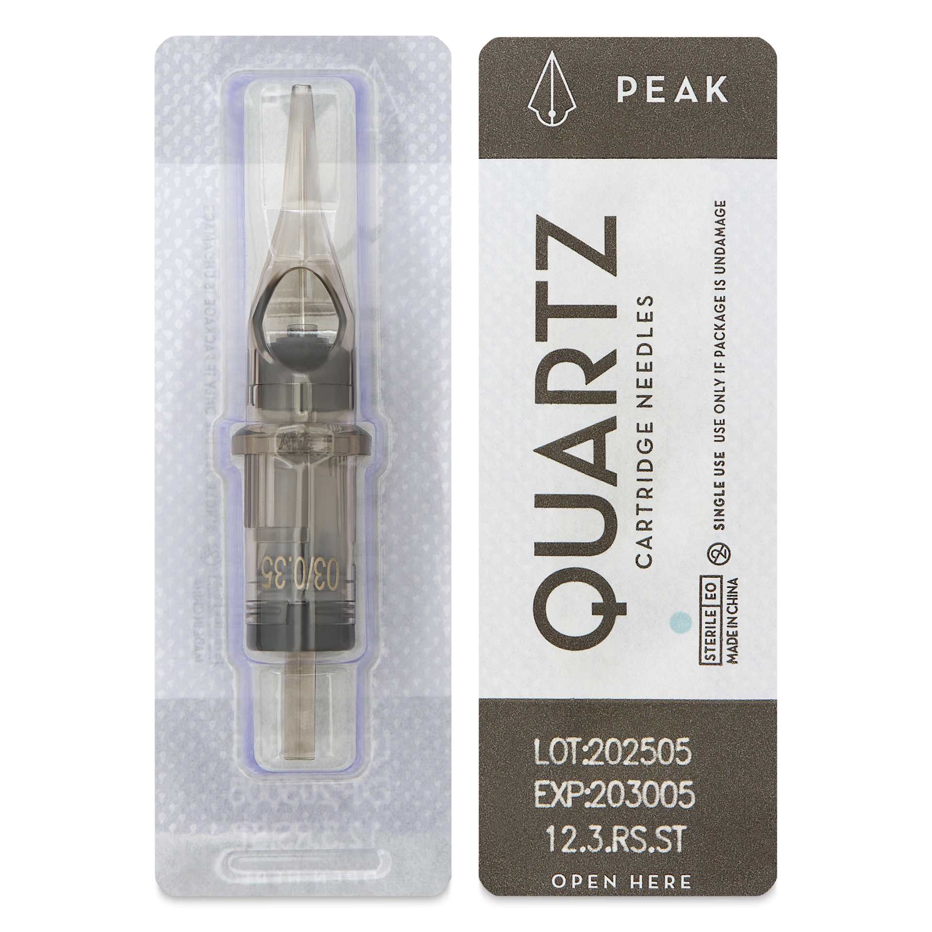 Peak Quartz Round Shader Short Taper Tattoo Needle Cartridges - #12, 3 Needles, Pkg of 20, single needle packaging