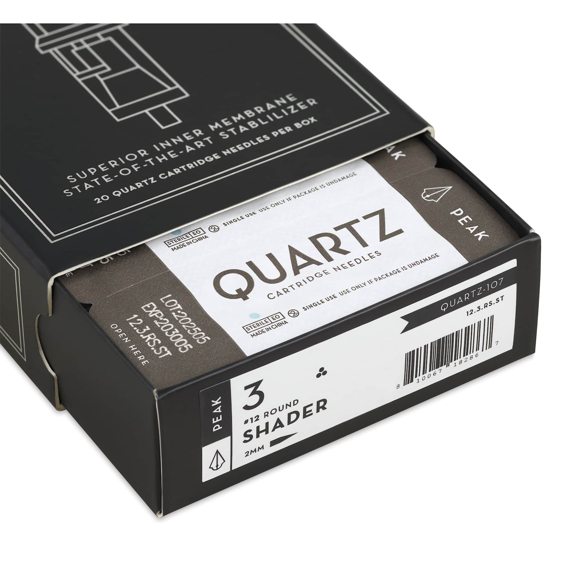 Peak Quartz Round Shader Short Taper Tattoo Needle Cartridges - #12, 3 Needles, Pkg of 20, open packaging