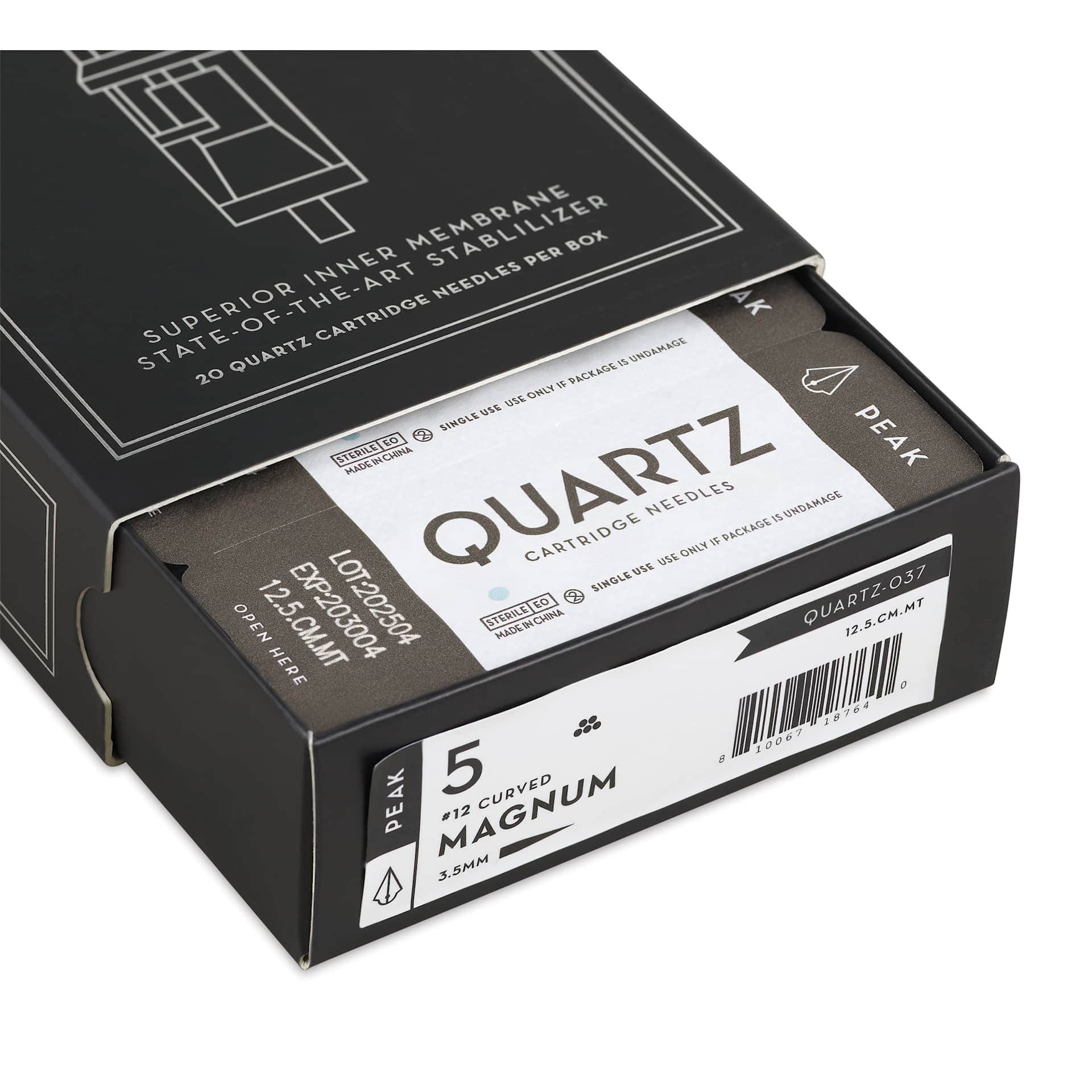 Peak Quartz Curved Magnum Medium Taper Tattoo Needle Cartridges - #12, 5 Needles, Pkg of 20, open packaging