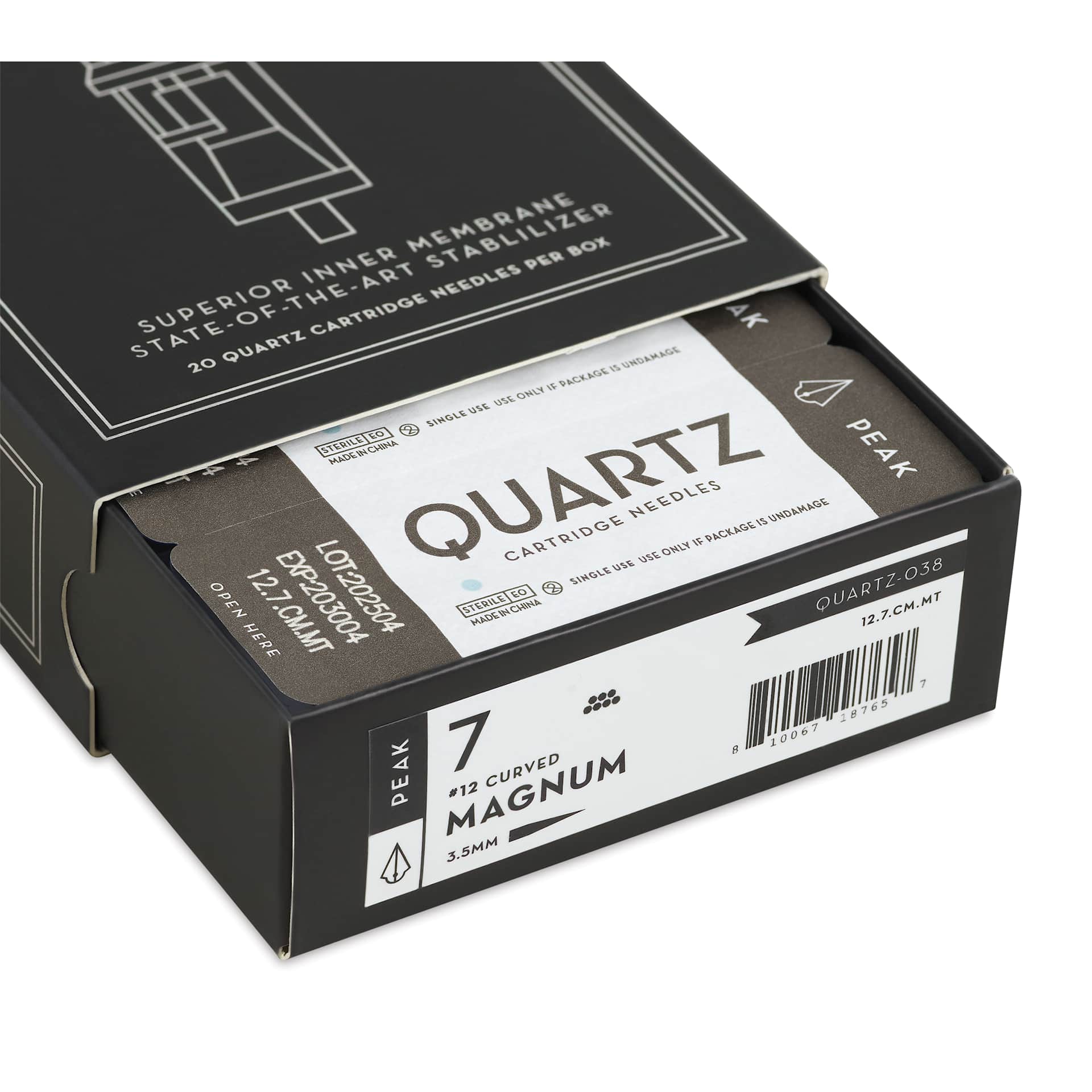Peak Quartz Curved Magnum Medium Taper Tattoo Needle Cartridges - #12, 7 Needles, Pkg of 20, open packaging