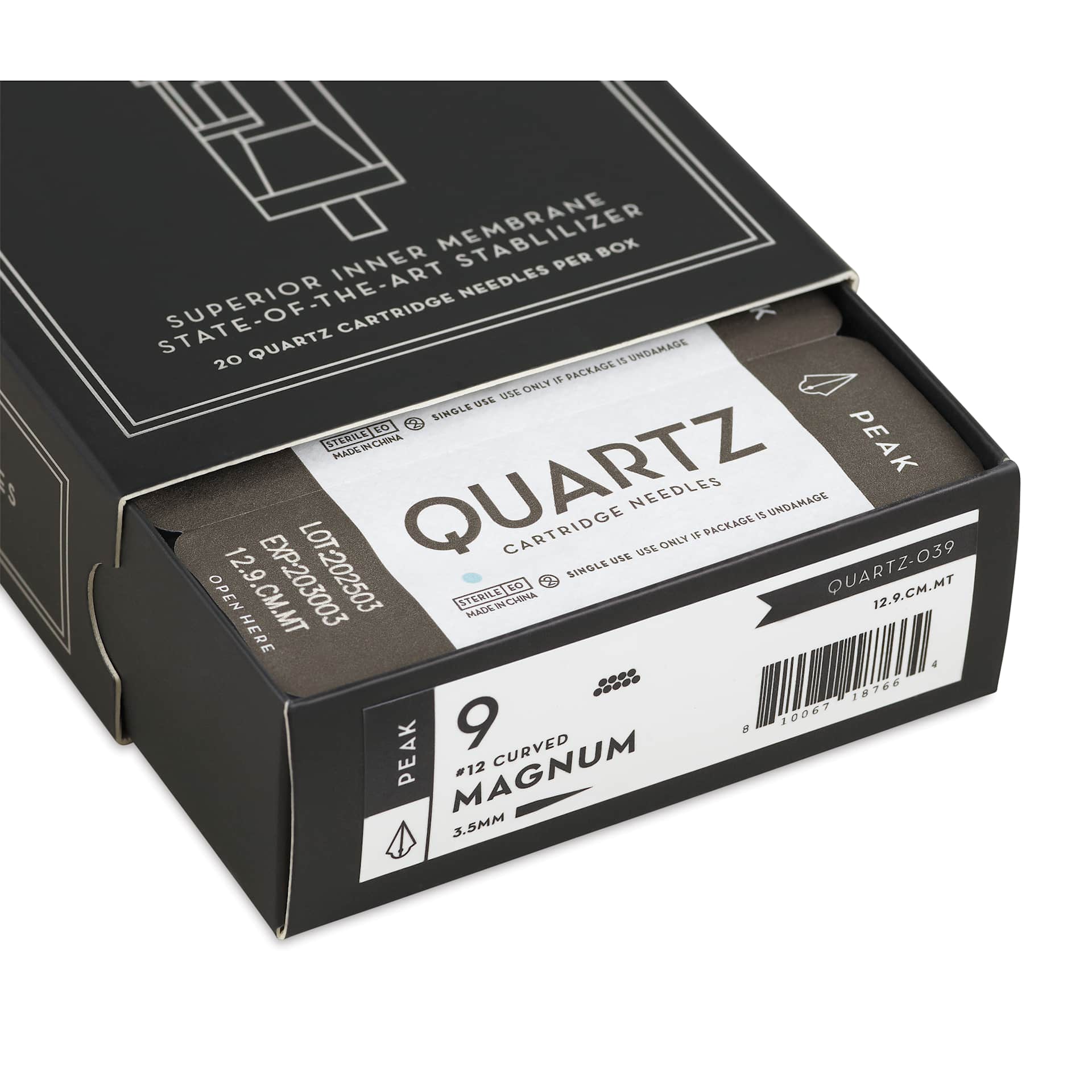 Peak Quartz Curved Magnum Medium Taper Tattoo Needle Cartridges - #12, 9 Needles, Pkg of 20, open packaging
