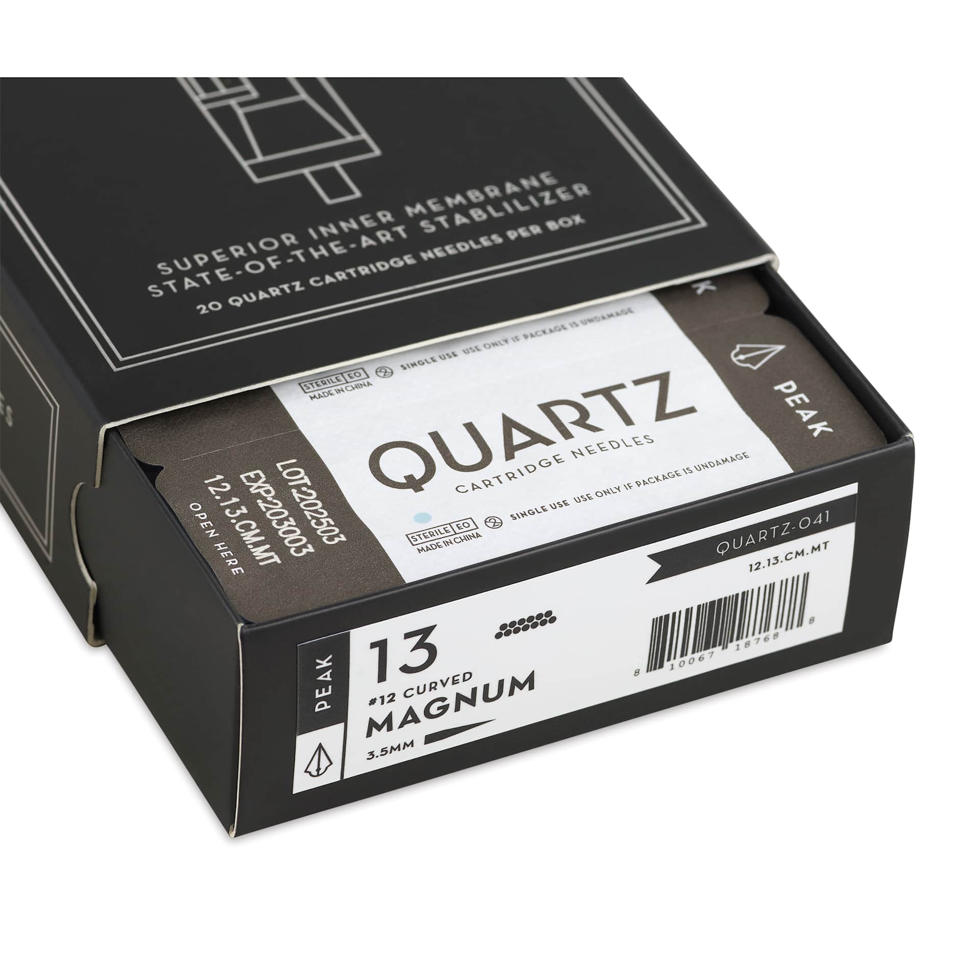 Peak Quartz Curved Magnum Medium Taper Tattoo Needle Cartridges - #12, 13 Needles, Pkg of 20, open packaging