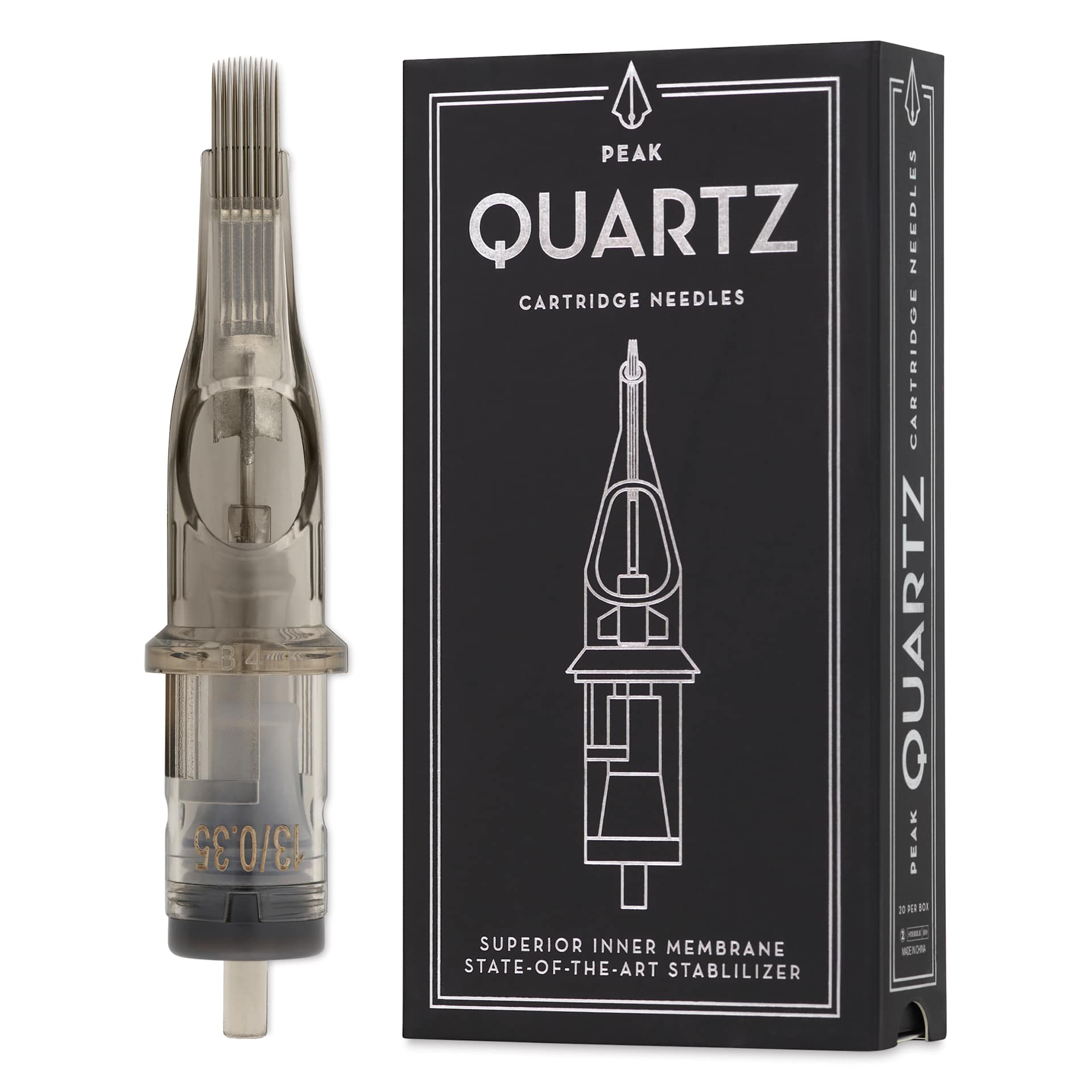 Peak Quartz Curved Magnum Medium Taper Tattoo Needle Cartridges - #12, 13 Needles, Pkg of 20, needle and packaging