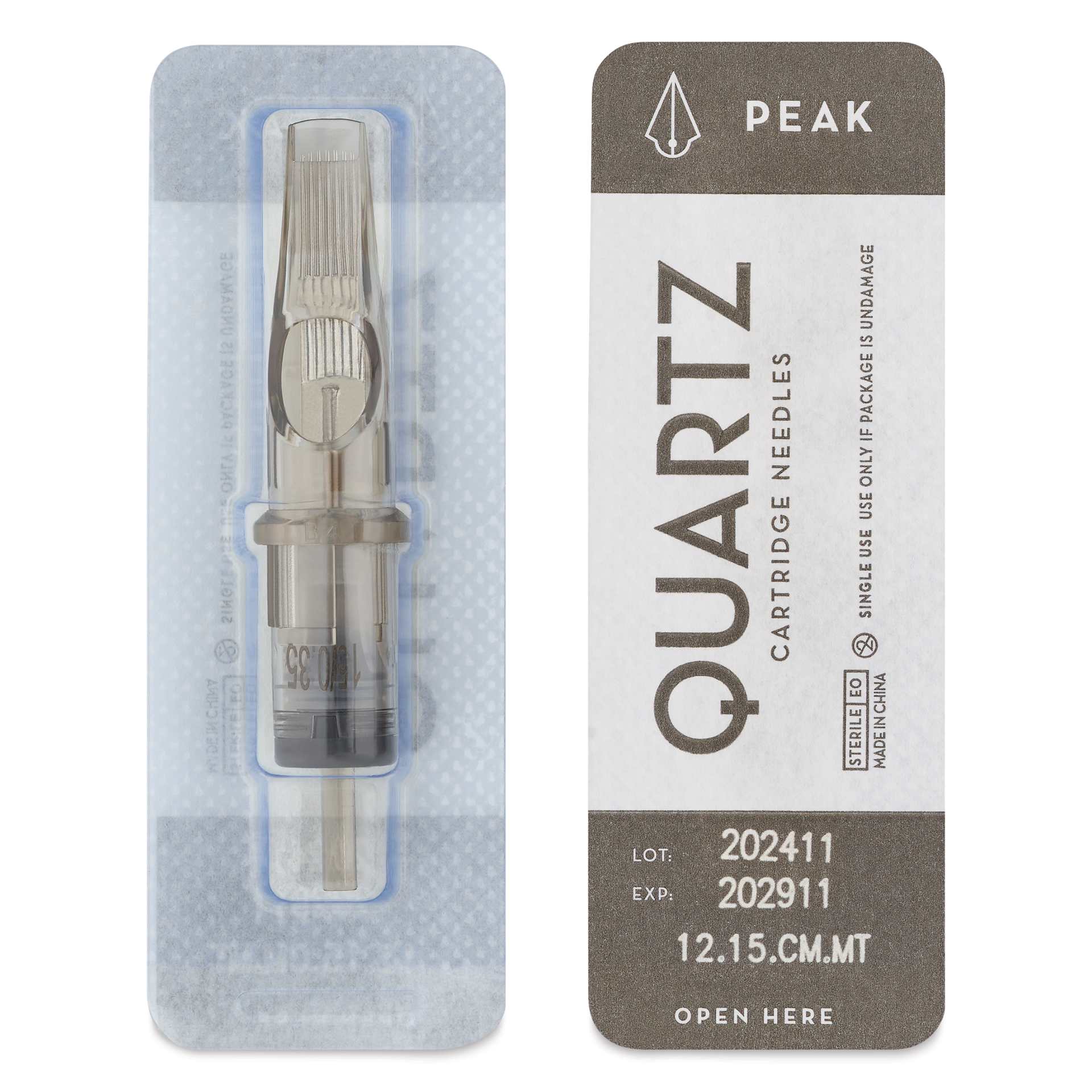 Peak Quartz Curved Magnum Medium Taper Tattoo Needle Cartridges - #12, 15 Needles, Pkg of 20, single needle packaging