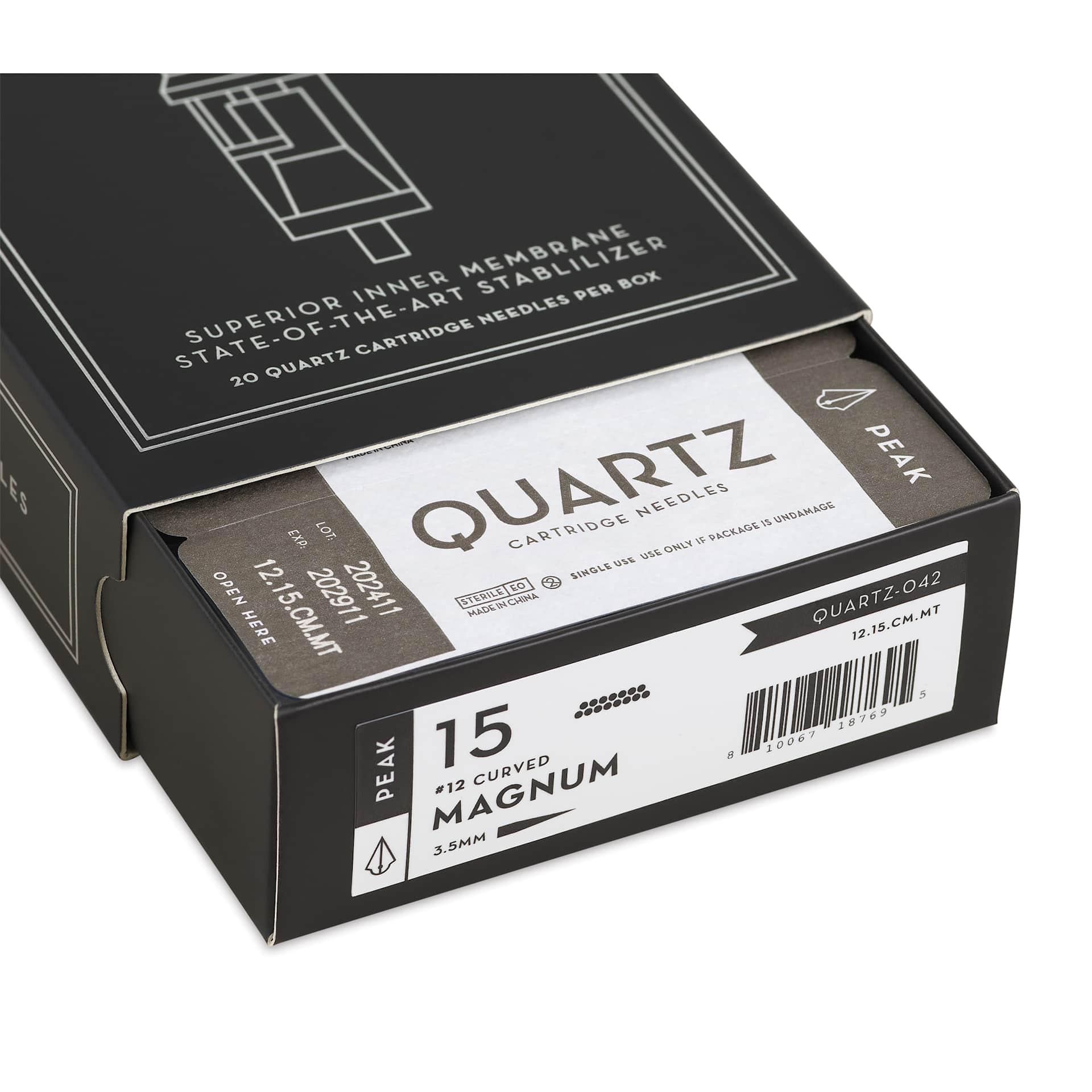 Peak Quartz Curved Magnum Medium Taper Tattoo Needle Cartridges - #12, 15 Needles, Pkg of 20, open packaging