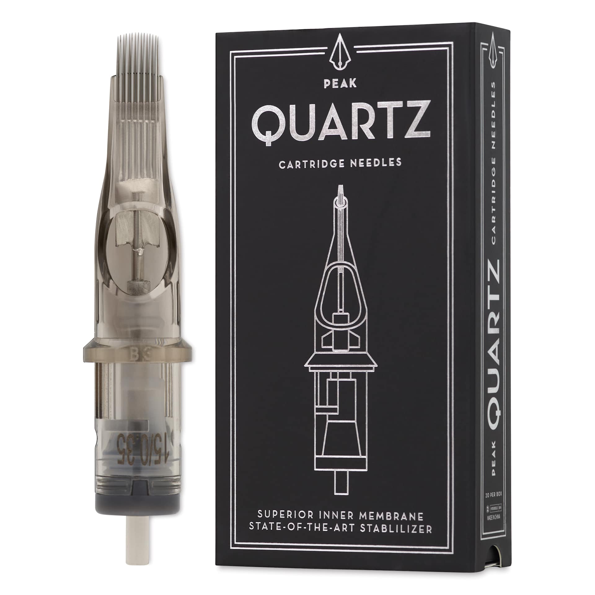 Peak Quartz Curved Magnum Medium Taper Tattoo Needle Cartridges - #12, 15 Needles, Pkg of 20, needle and packaging