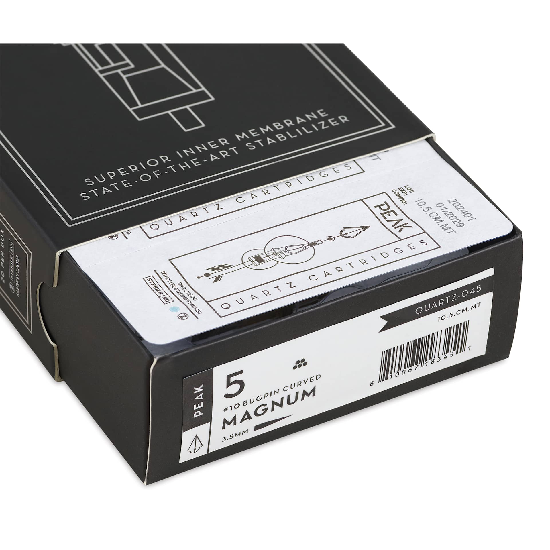 Peak Quartz Curved Magnum Medium Taper Tattoo Needle Cartridges - #10, 5 Needles, Pkg of 20, open packaging