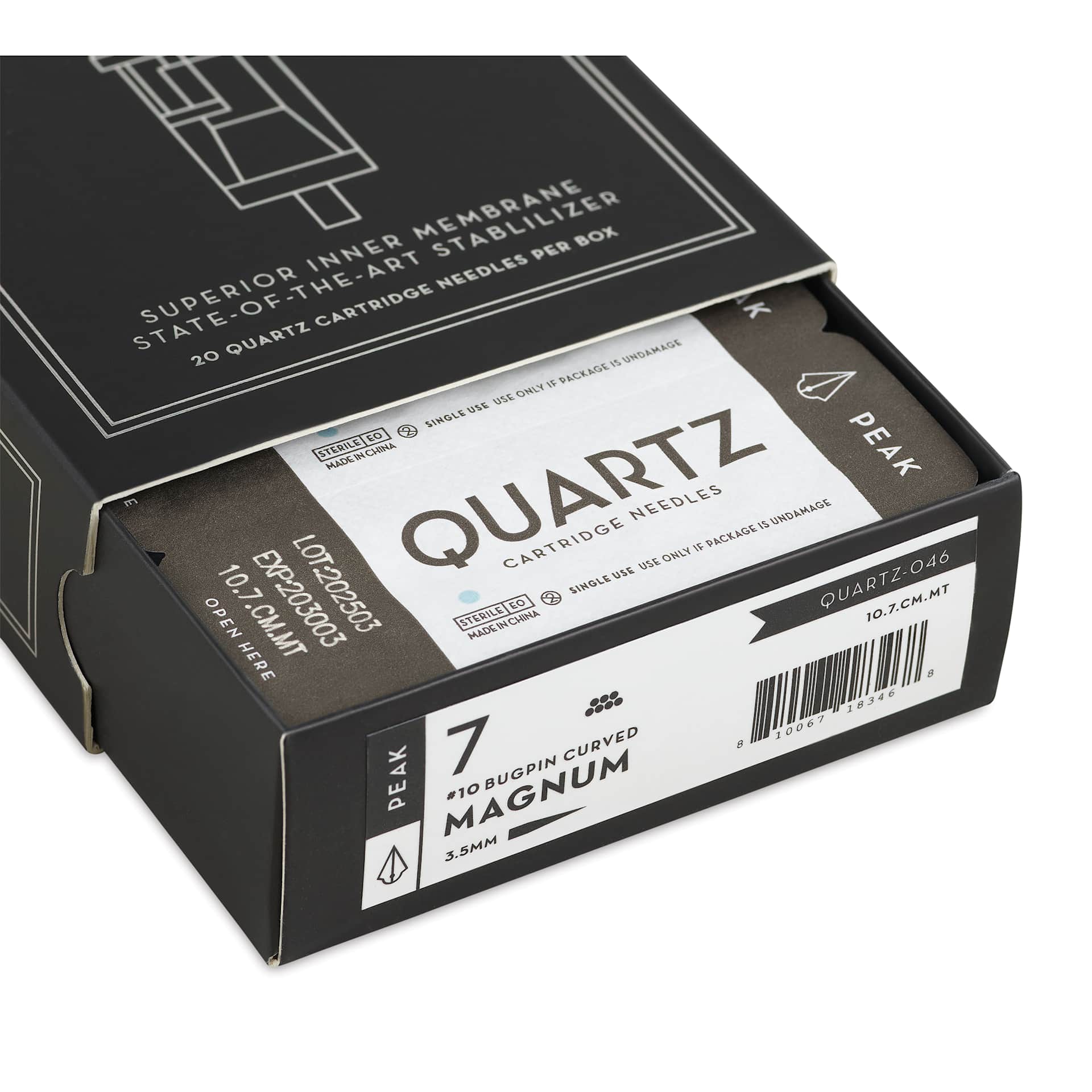 Peak Quartz Curved Magnum Medium Taper Tattoo Needle Cartridges - #10, 7 Needles, Pkg of 20, open packaging