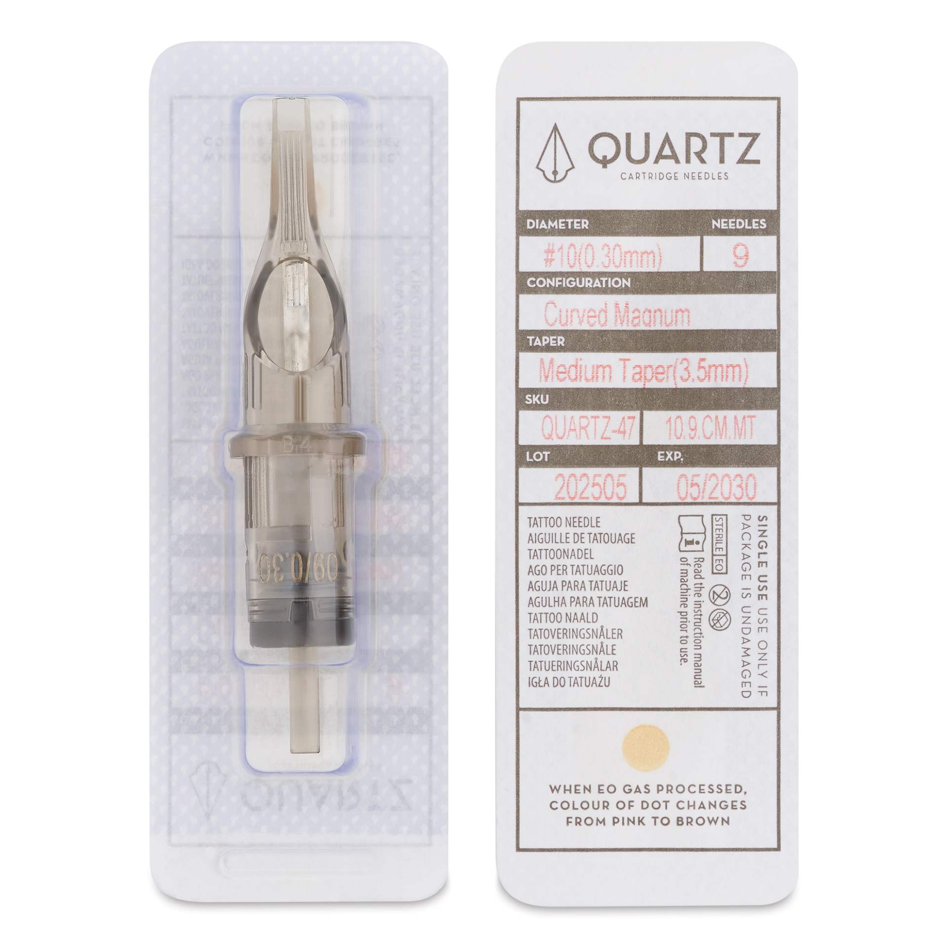 Peak Quartz Curved Magnum Medium Taper Tattoo Needle Cartridges - #10, 9 Needles, Pkg of 20, single needle packaging