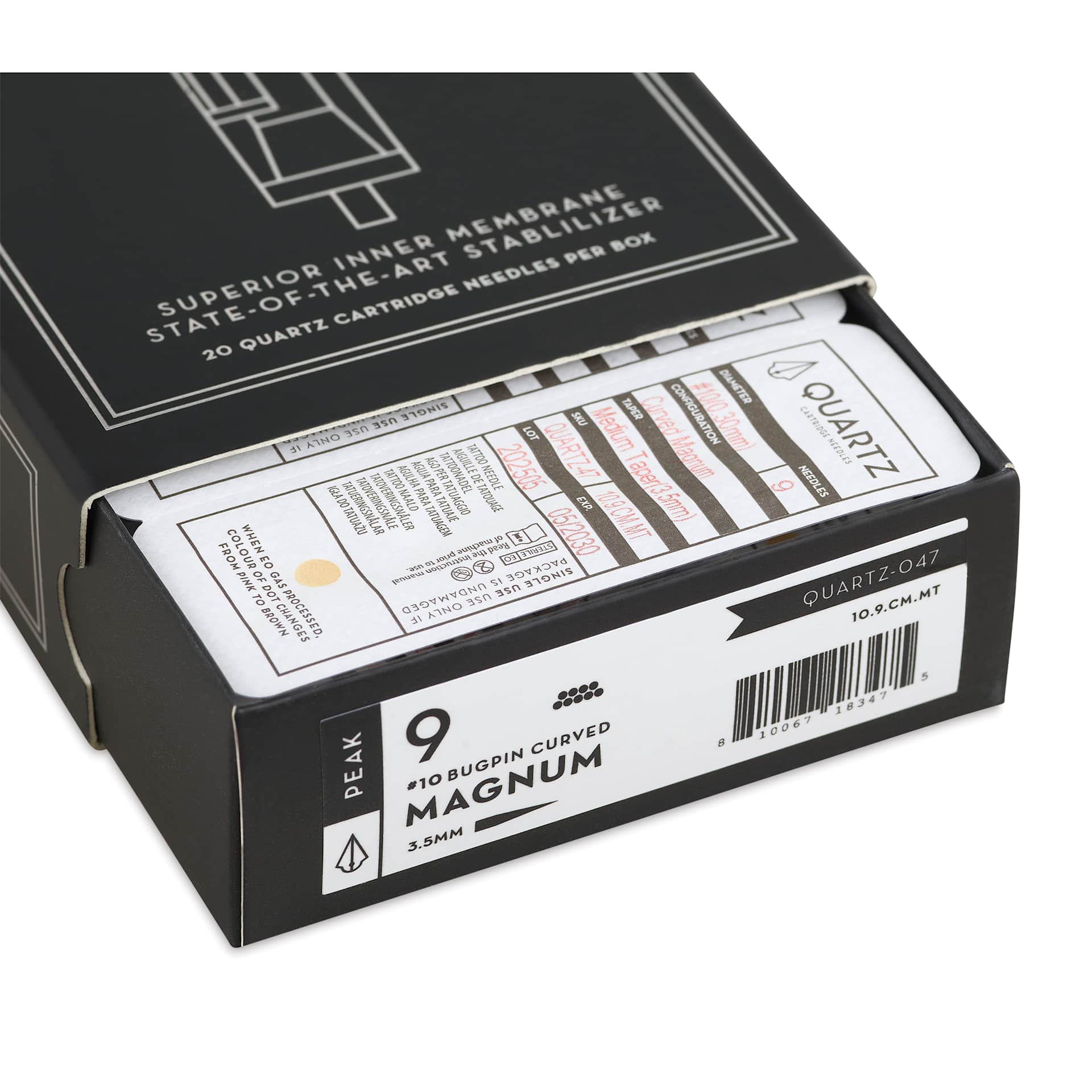 Peak Quartz Curved Magnum Medium Taper Tattoo Needle Cartridges - #10, 9 Needles, Pkg of 20, open packaging