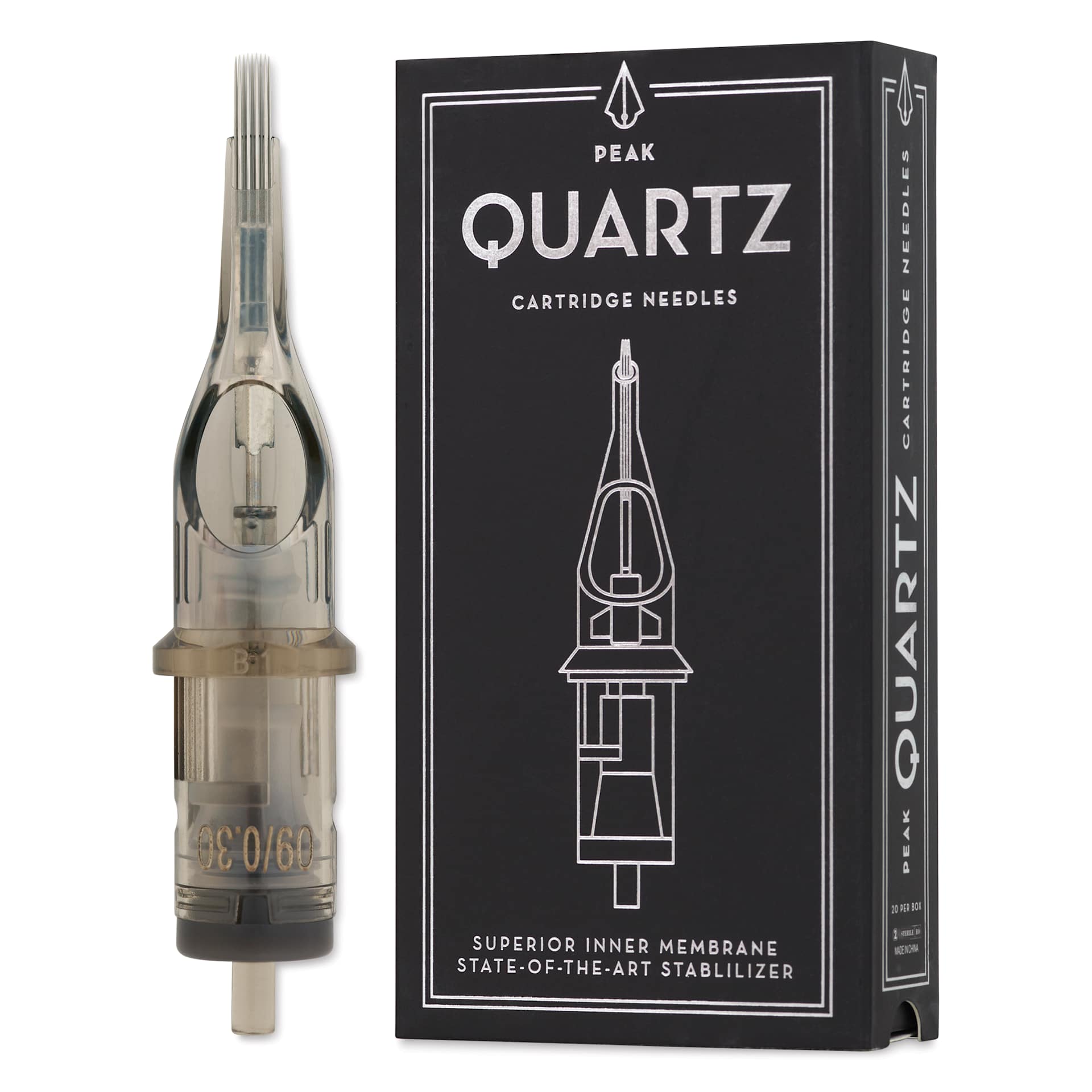 Peak Quartz Curved Magnum Medium Taper Tattoo Needle Cartridges - #10, 9 Needles, Pkg of 20, needle and packaging