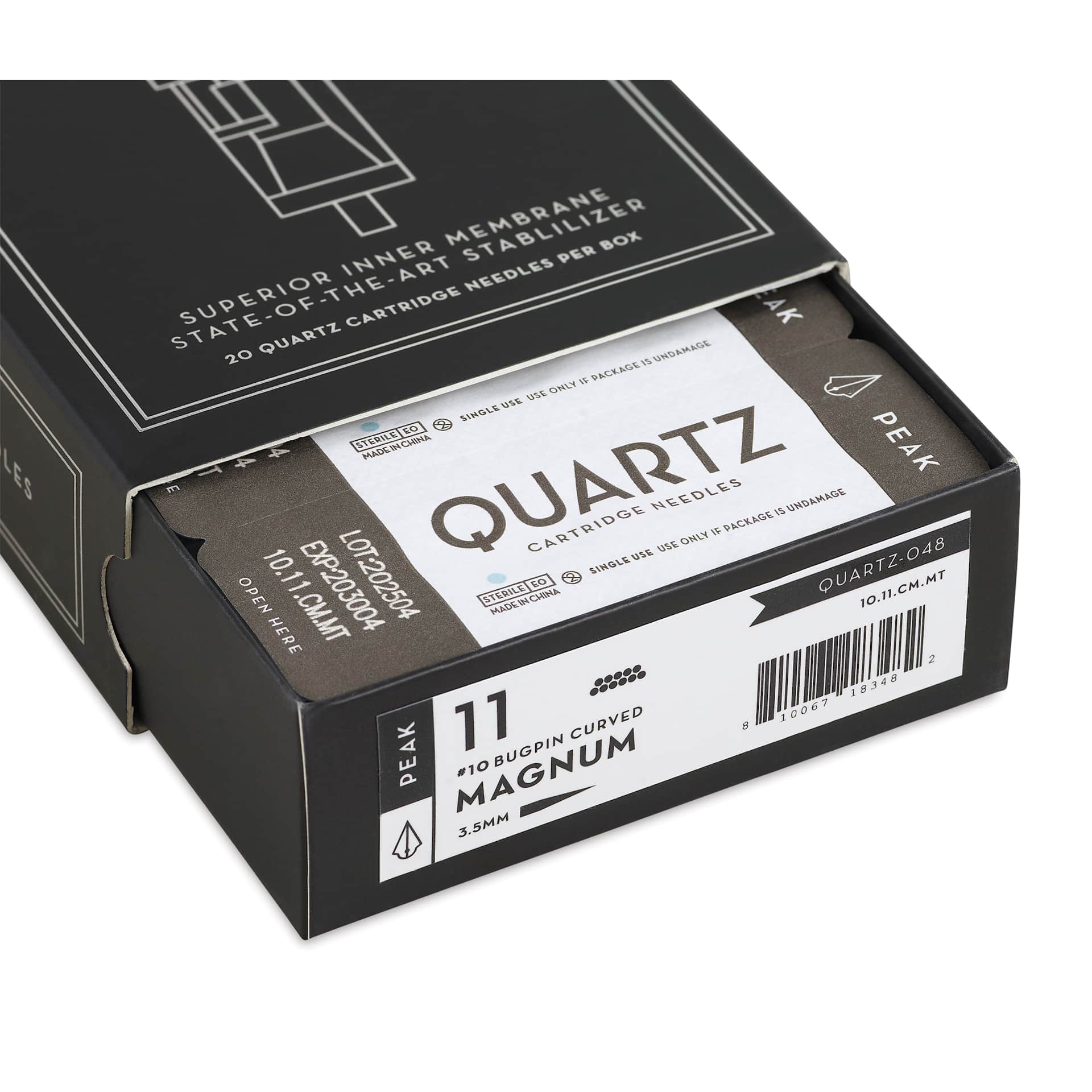 Peak Quartz Curved Magnum Medium Taper Tattoo Needle Cartridges - #10, 11 Needles, Pkg of 20, open packaging